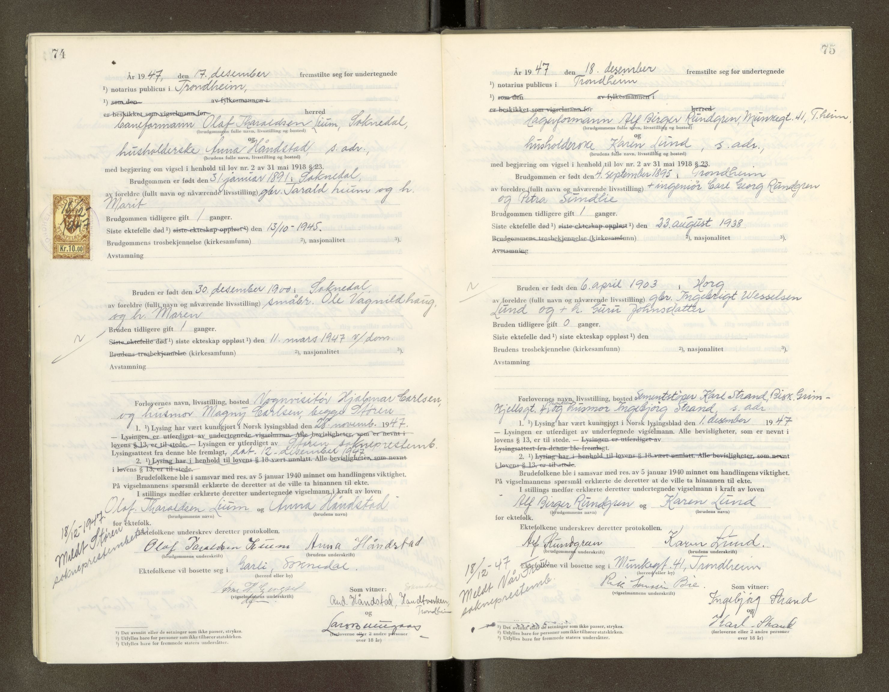 Trondheim byfogd, AV/SAT-A-0003/1/6/6D/L0005: Vigselbøker, 1944-1948, p. 74-75
