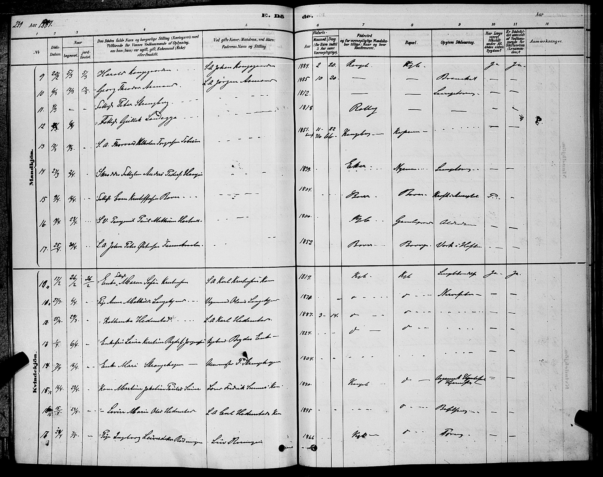 Kongsberg kirkebøker, SAKO/A-22/G/Ga/L0005: Parish register (copy) no. 5, 1878-1889, p. 239