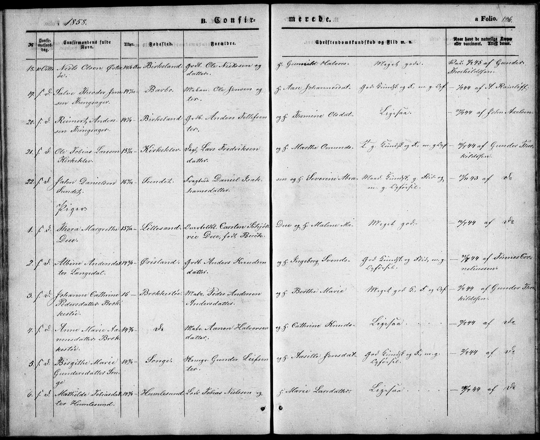 Vestre Moland sokneprestkontor, SAK/1111-0046/F/Fb/Fbb/L0003: Parish register (copy) no. B 3, 1851-1861, p. 136