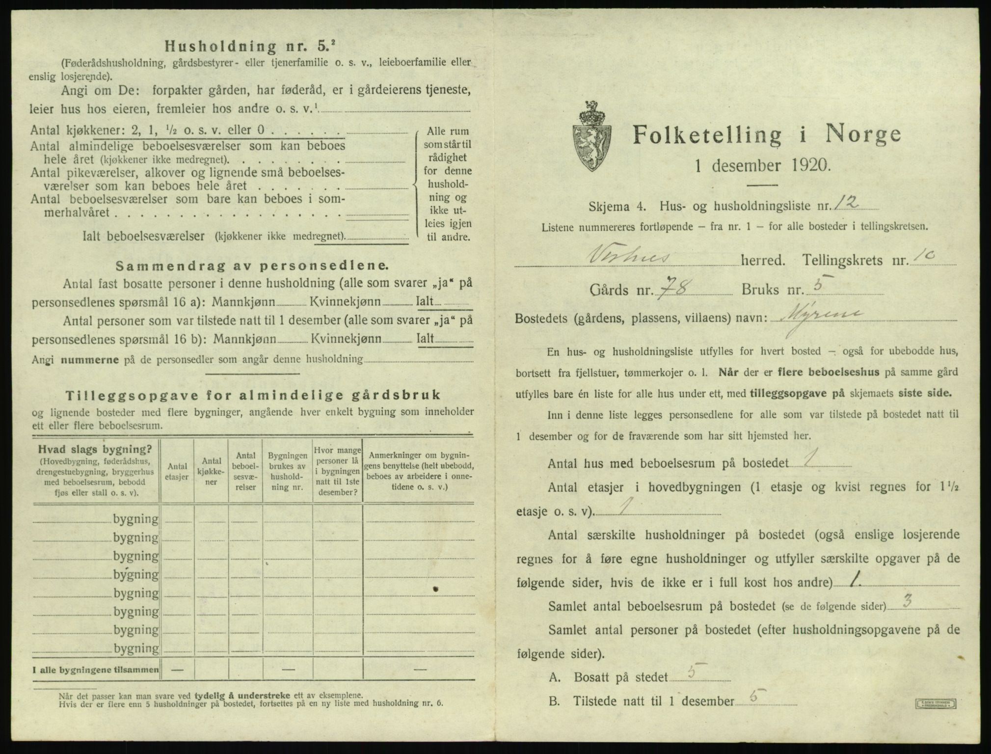SAT, 1920 census for Vestnes, 1920, p. 1069
