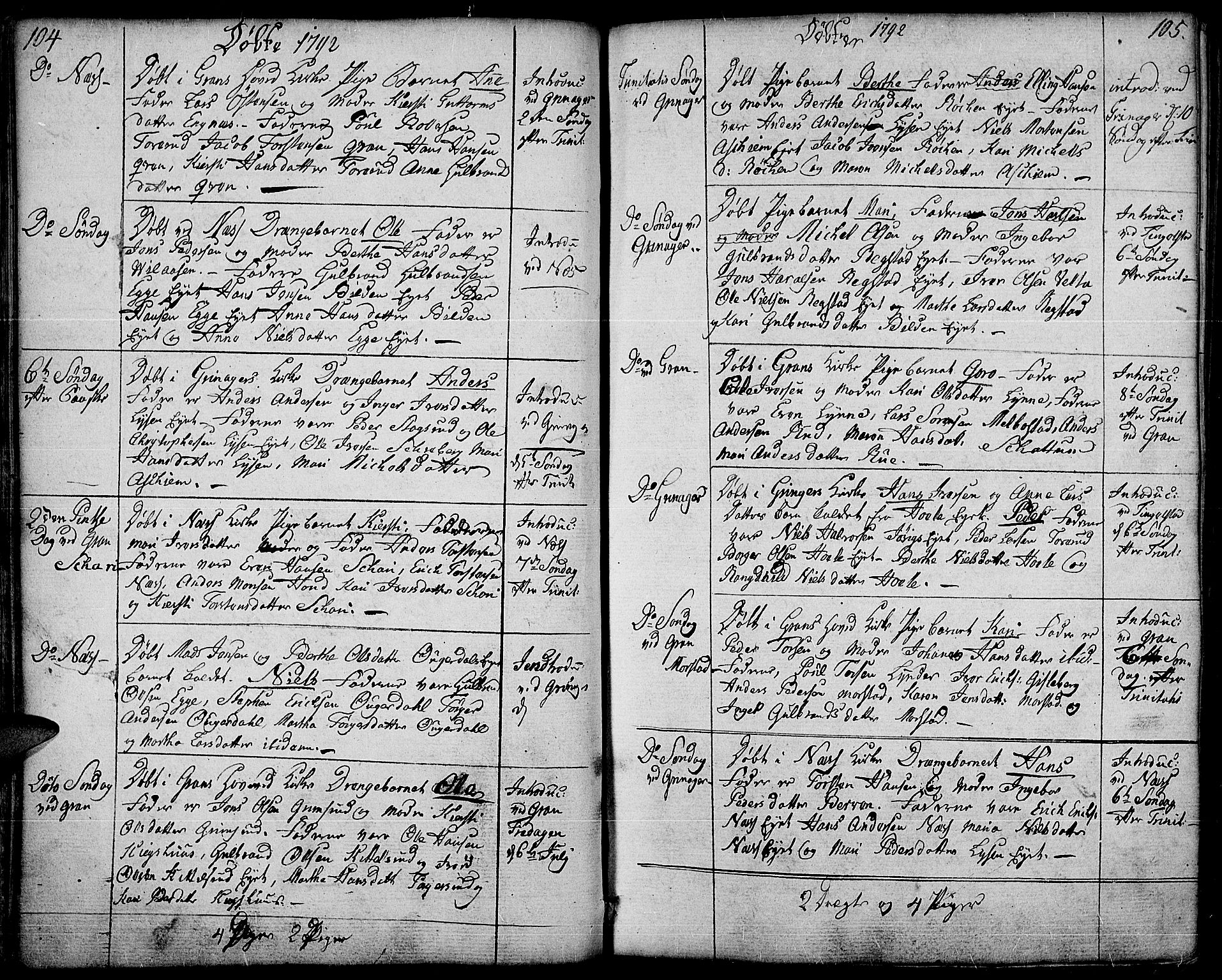 Gran prestekontor, SAH/PREST-112/H/Ha/Haa/L0006: Parish register (official) no. 6, 1787-1824, p. 104-105