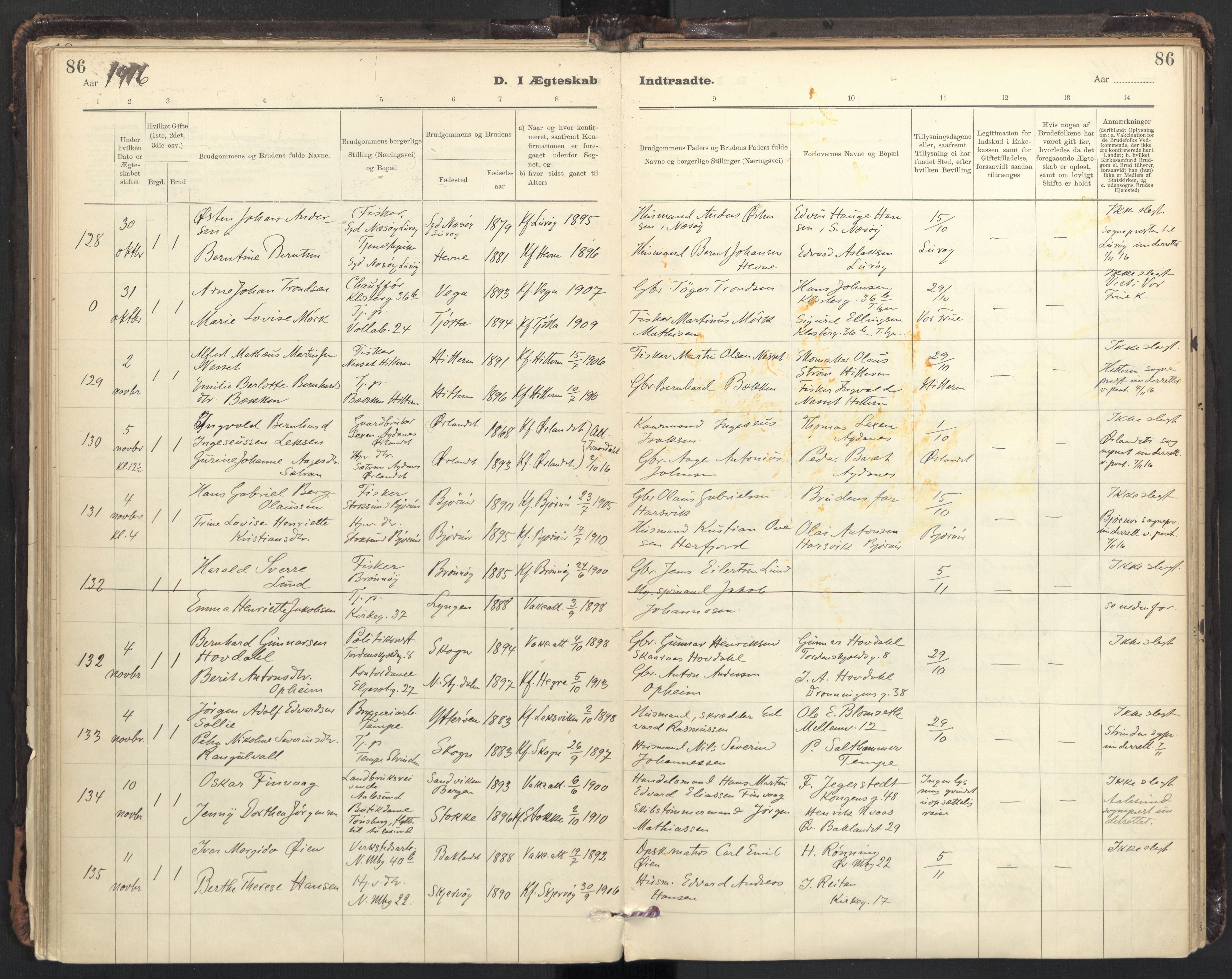 Ministerialprotokoller, klokkerbøker og fødselsregistre - Sør-Trøndelag, SAT/A-1456/604/L0204: Parish register (official) no. 604A24, 1911-1920, p. 86