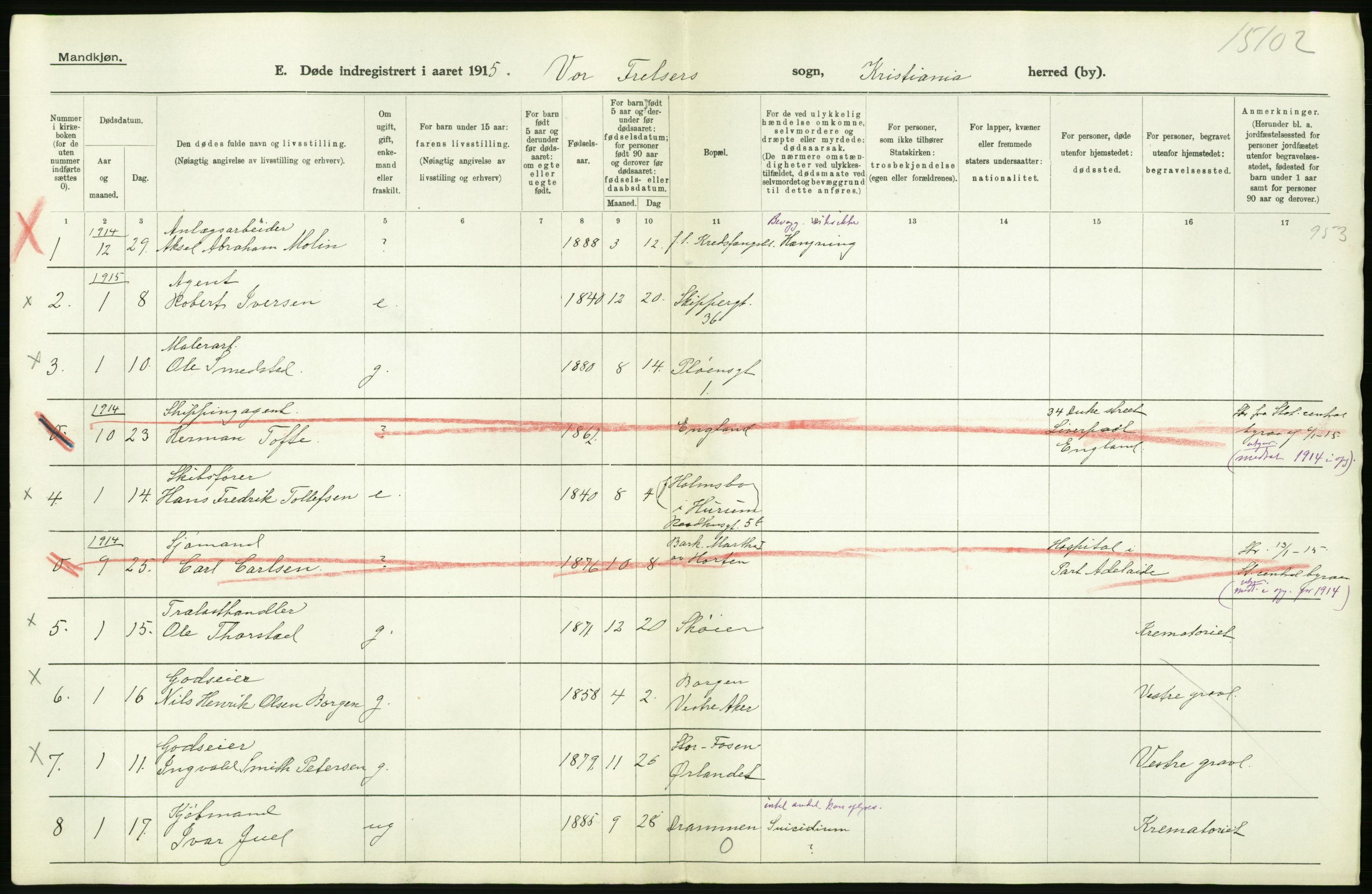 Statistisk sentralbyrå, Sosiodemografiske emner, Befolkning, AV/RA-S-2228/D/Df/Dfb/Dfbe/L0009: Kristiania: Døde., 1915, p. 138