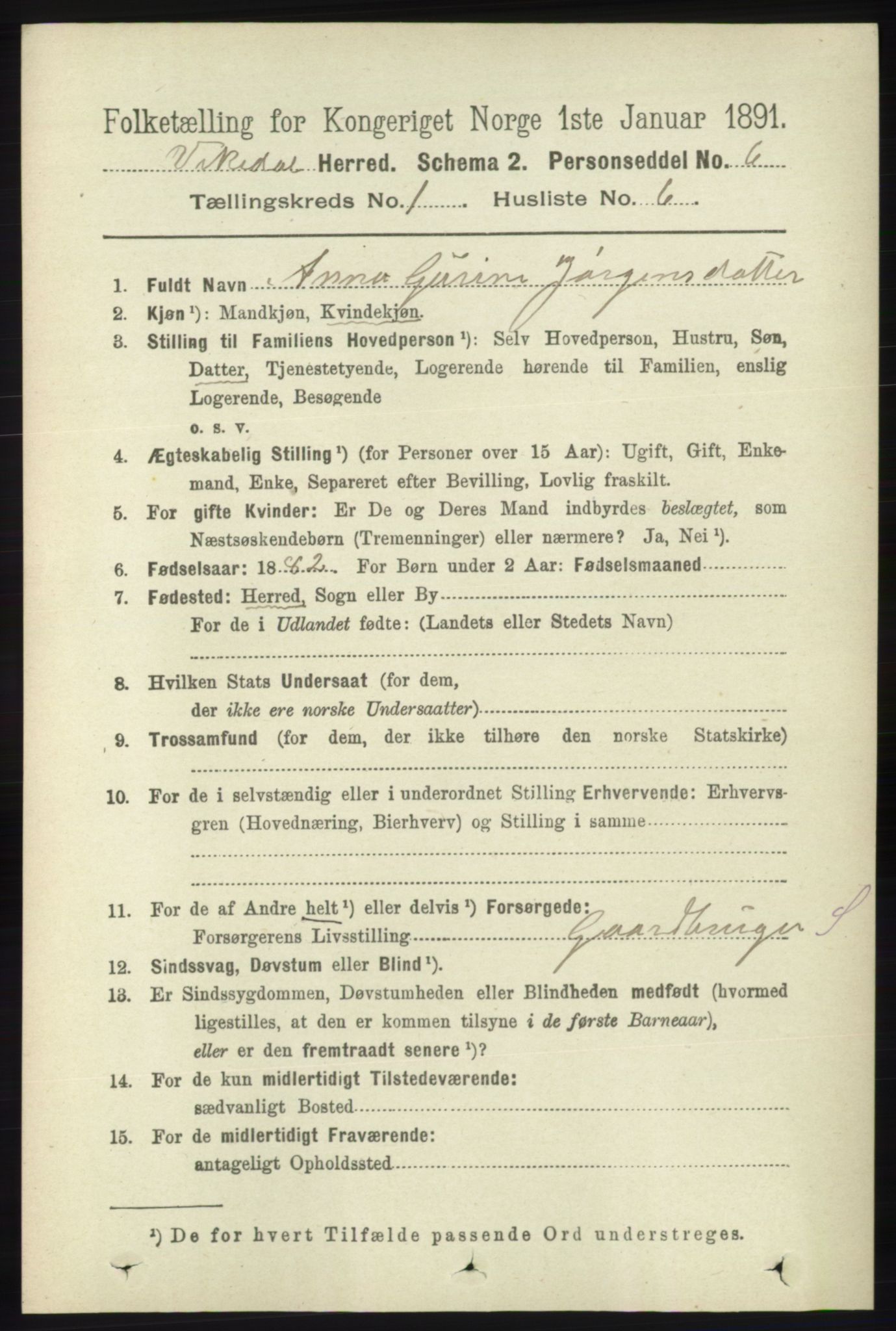 RA, 1891 census for 1157 Vikedal, 1891, p. 95