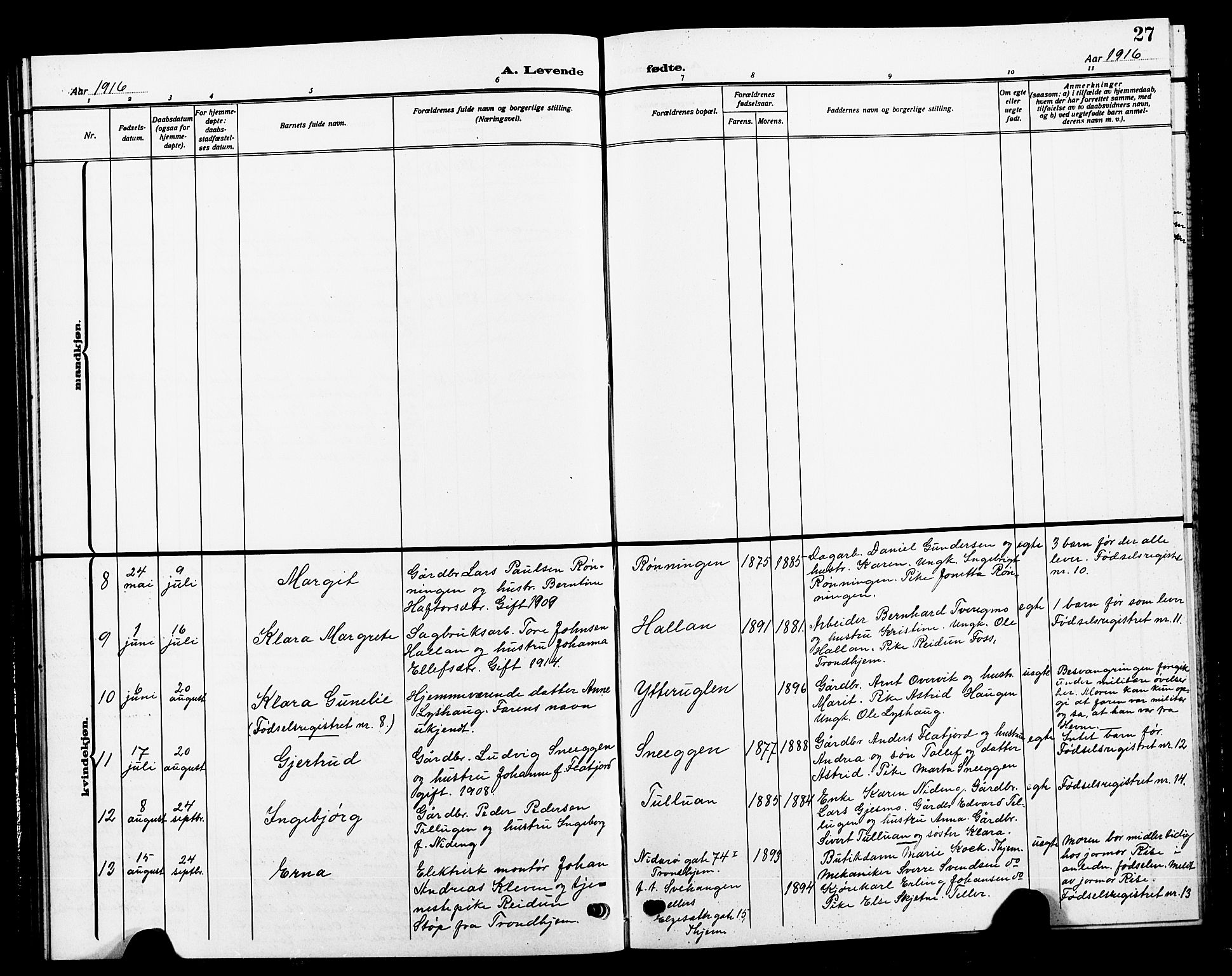 Ministerialprotokoller, klokkerbøker og fødselsregistre - Sør-Trøndelag, AV/SAT-A-1456/618/L0453: Parish register (copy) no. 618C04, 1907-1925, p. 27