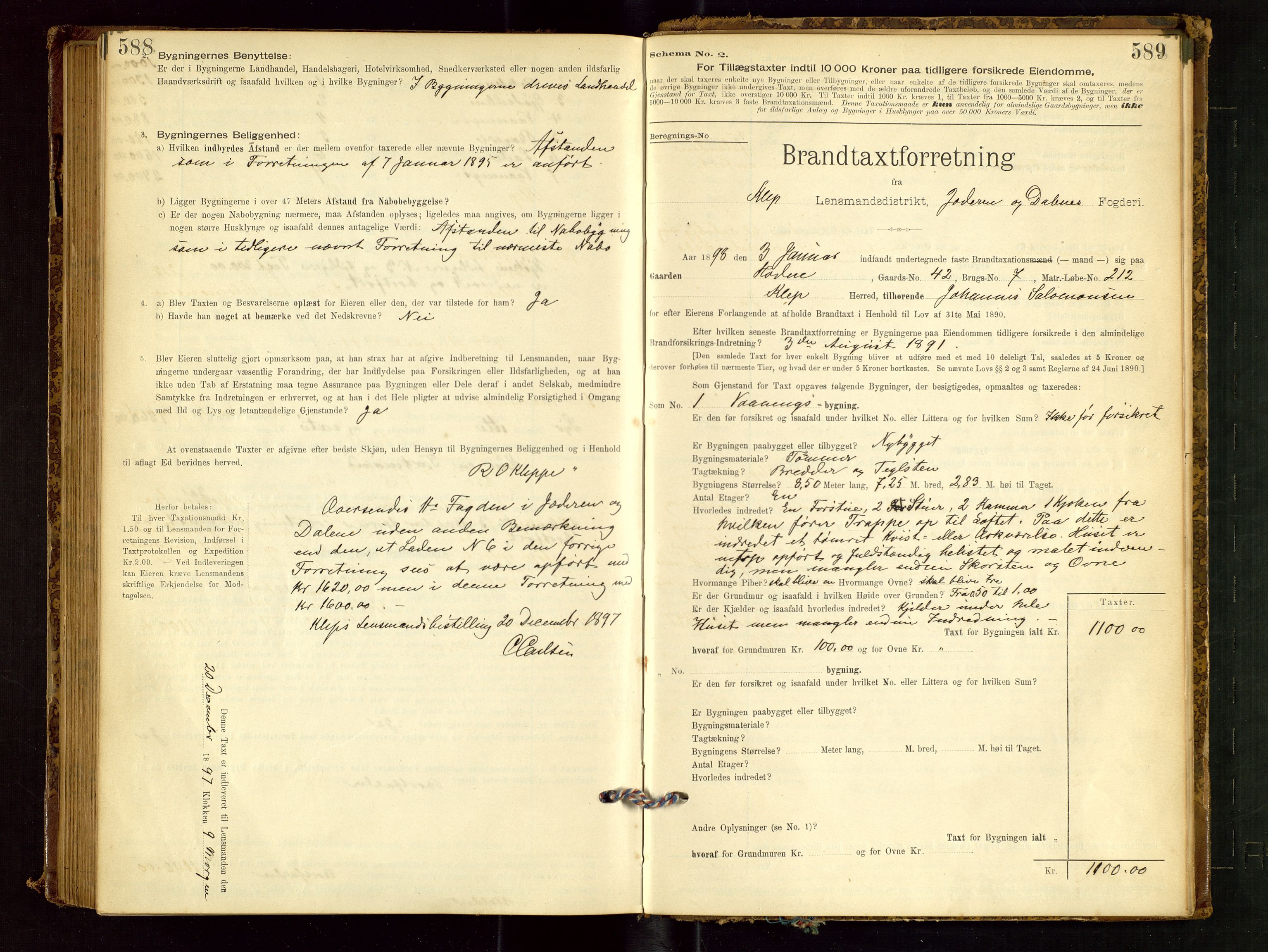 Klepp lensmannskontor, SAST/A-100163/Goc/L0001: "Brandtaxationsprotokol" m/register, 1895-1898, p. 588-589