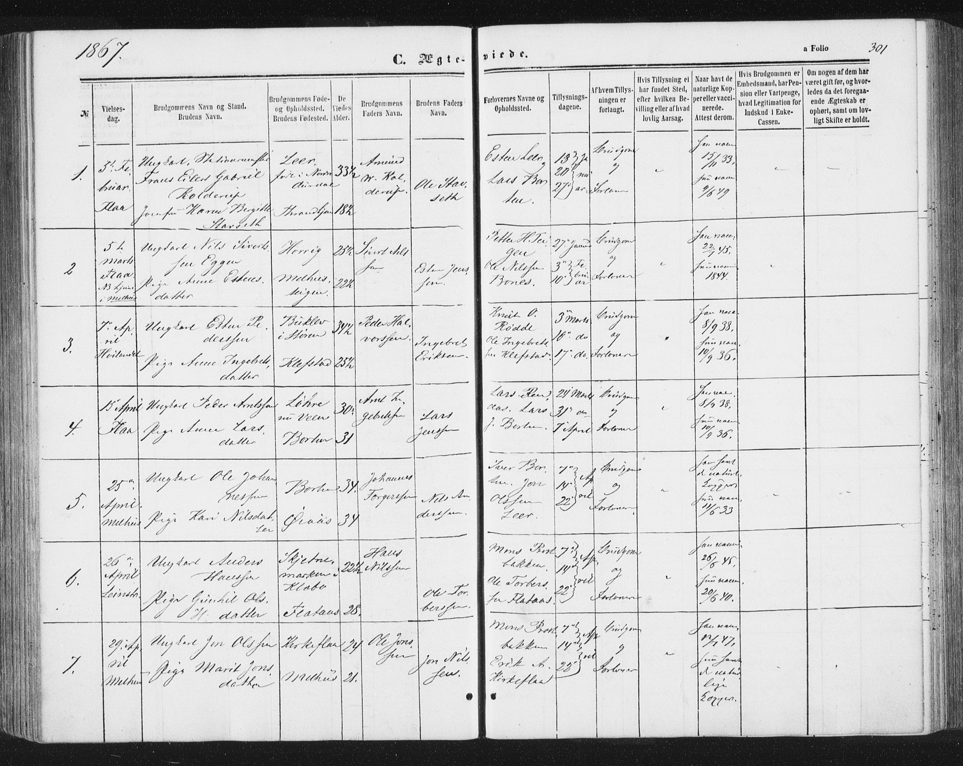 Ministerialprotokoller, klokkerbøker og fødselsregistre - Sør-Trøndelag, SAT/A-1456/691/L1077: Parish register (official) no. 691A09, 1862-1873, p. 301