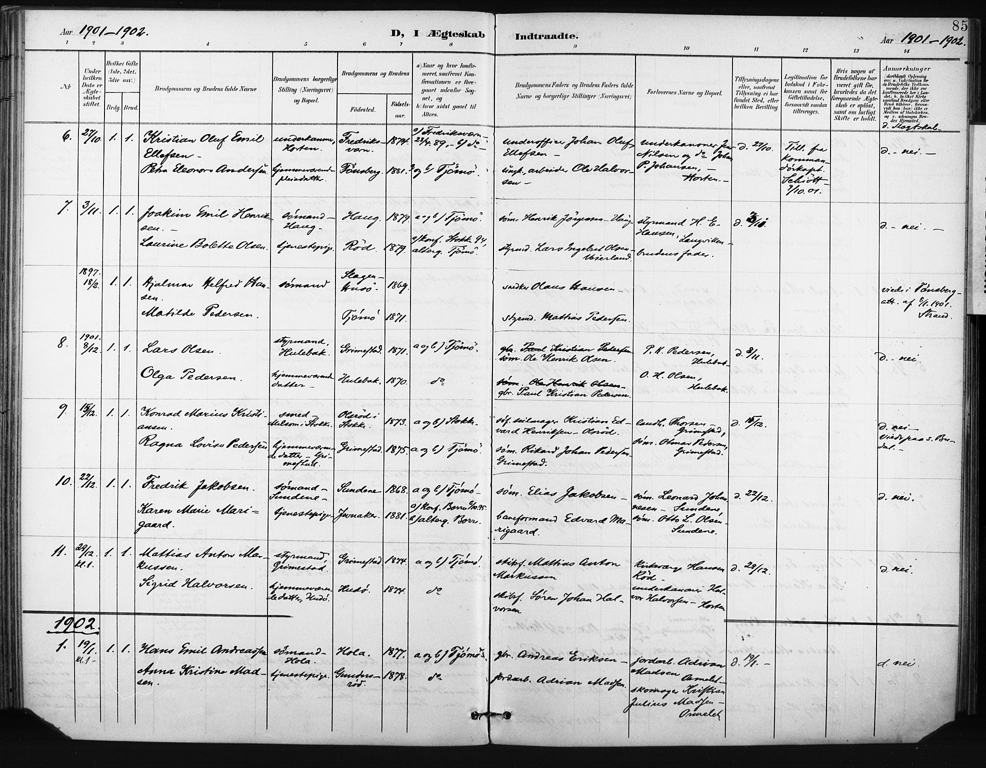 Tjøme kirkebøker, AV/SAKO-A-328/F/Fa/L0005: Parish register (official) no. I 5, 1901-1909, p. 85