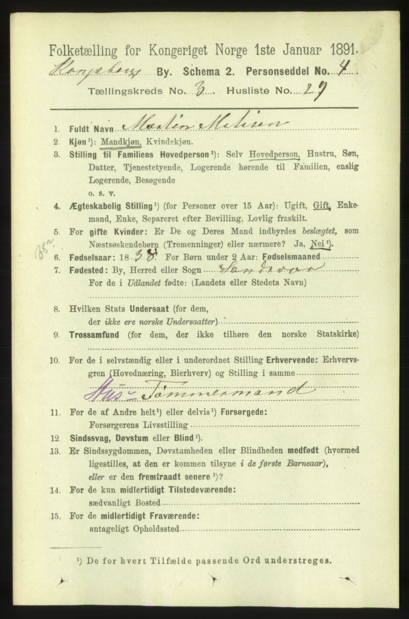 RA, 1891 census for 0604 Kongsberg, 1891, p. 3026