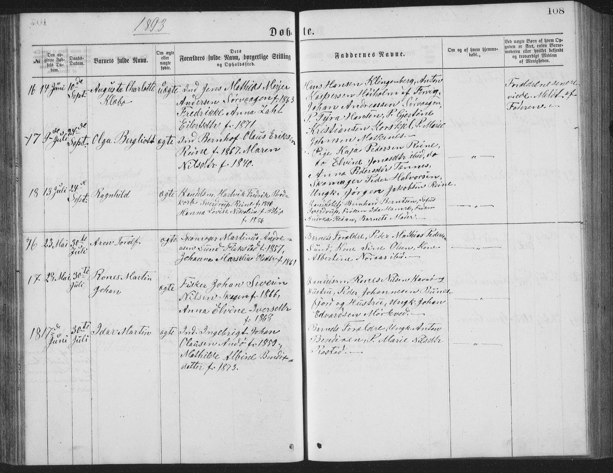 Ministerialprotokoller, klokkerbøker og fødselsregistre - Nordland, AV/SAT-A-1459/886/L1225: Parish register (copy) no. 886C02, 1874-1896, p. 108