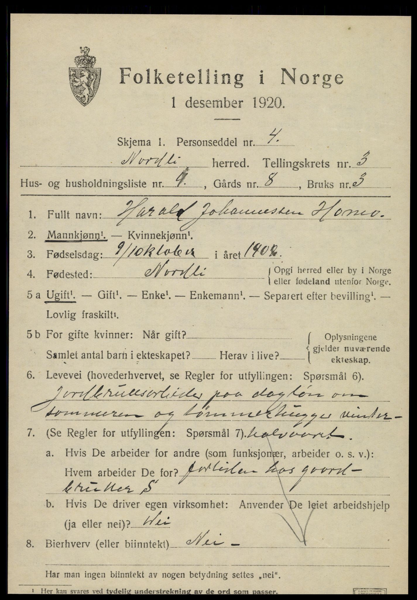 SAT, 1920 census for Nordli, 1920, p. 1447