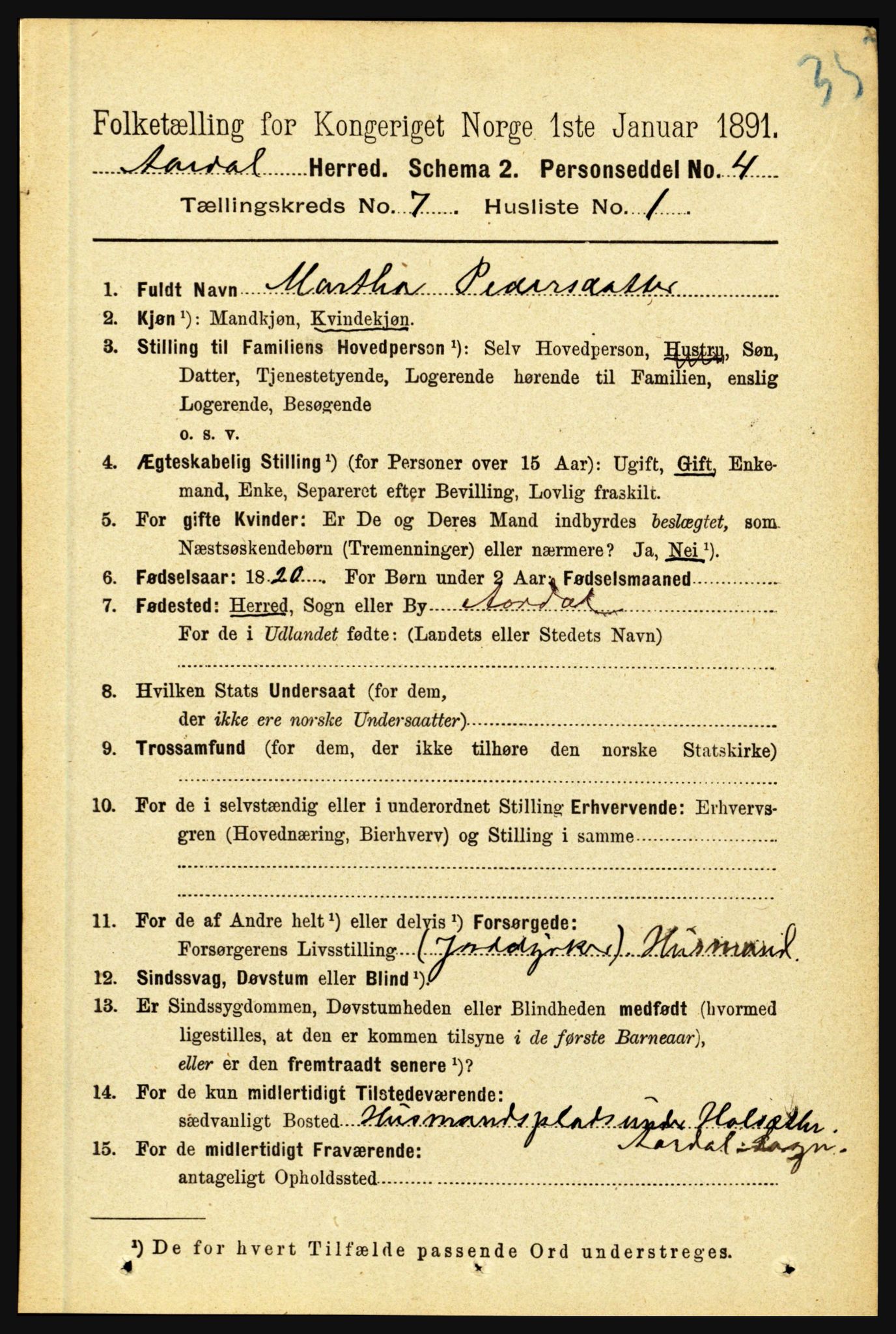 RA, 1891 census for 1424 Årdal, 1891, p. 1475