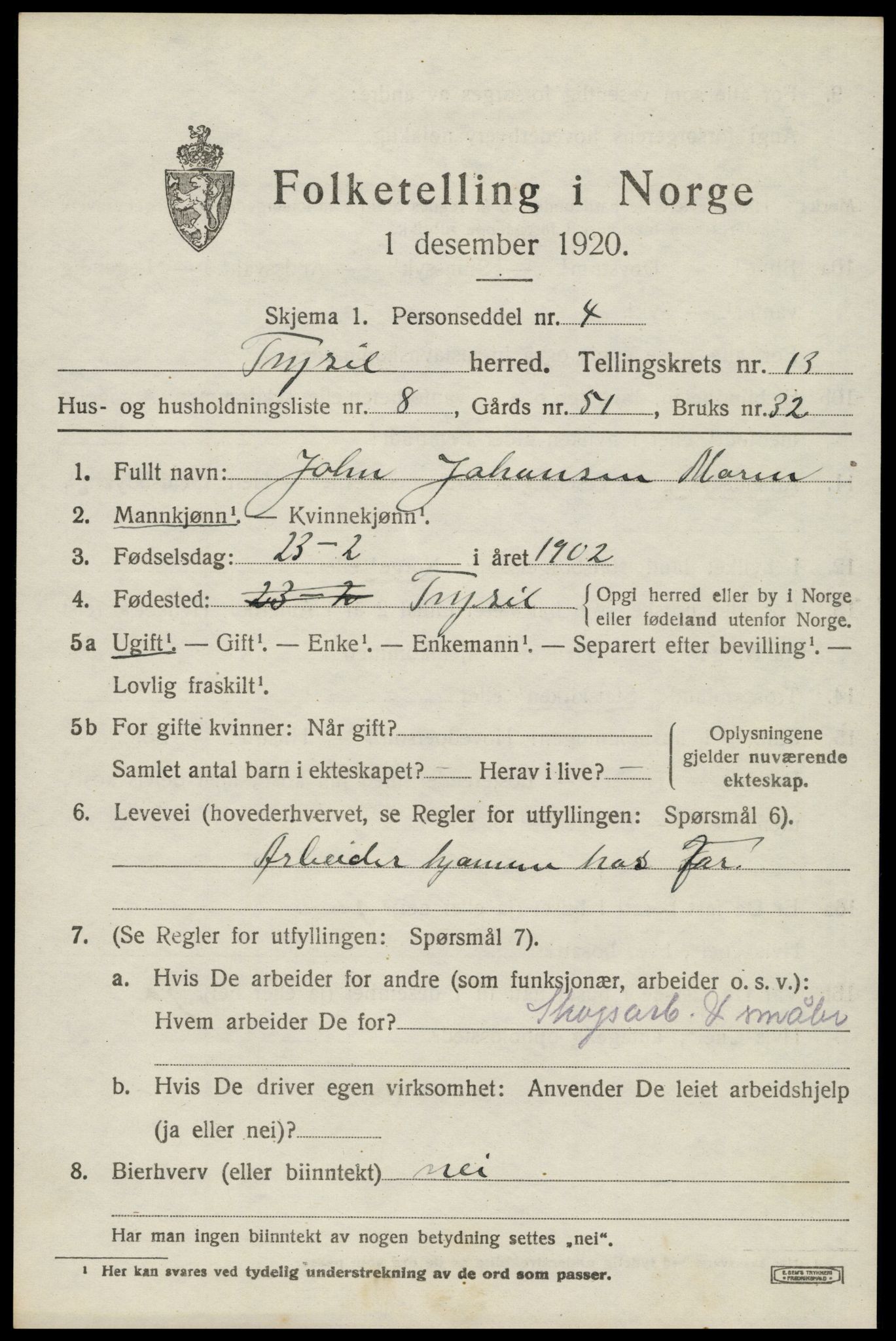 SAH, 1920 census for Trysil, 1920, p. 7727