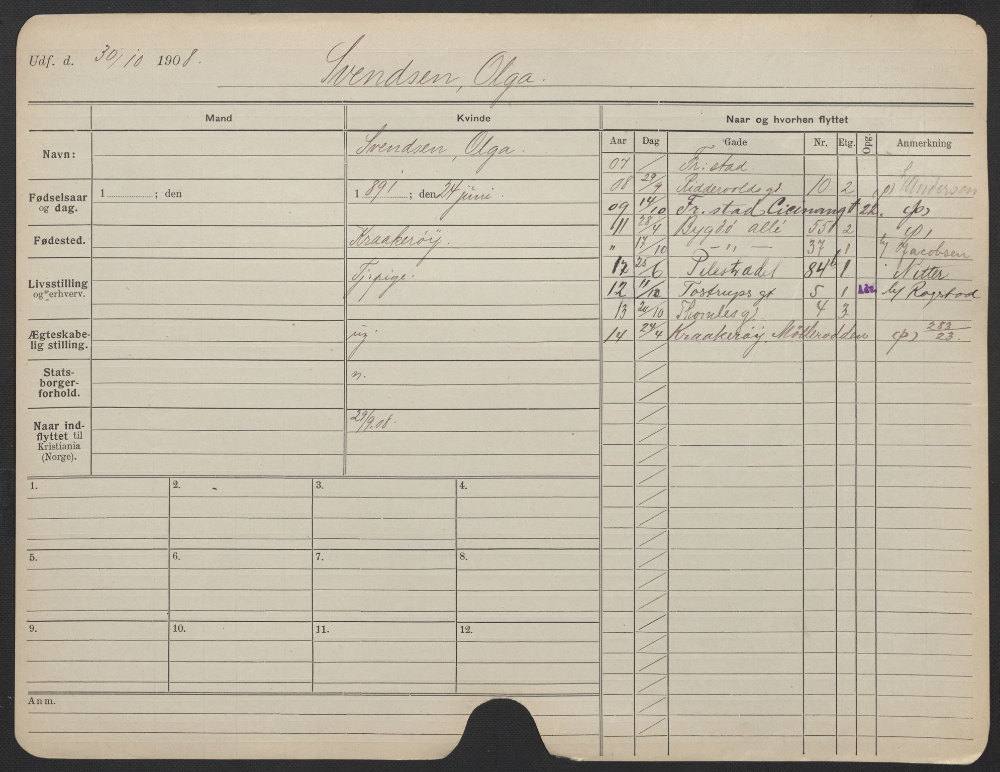 Oslo folkeregister, Registerkort, AV/SAO-A-11715/F/Fa/Fac/L0024: Kvinner, 1906-1914, p. 675a