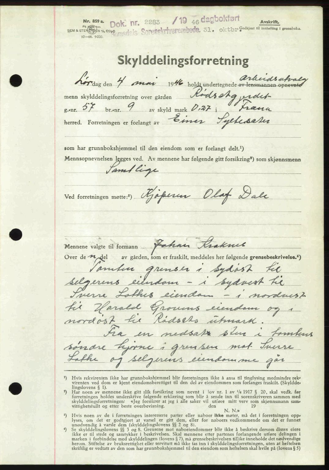 Romsdal sorenskriveri, AV/SAT-A-4149/1/2/2C: Mortgage book no. A21, 1946-1946, Diary no: : 2283/1946