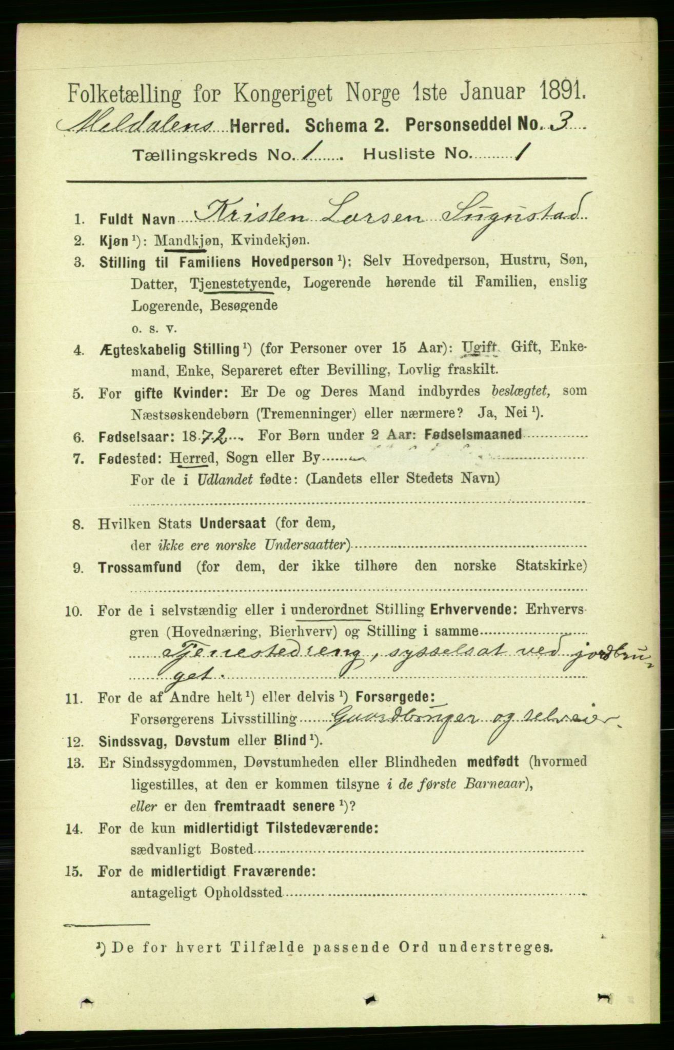 RA, 1891 census for 1636 Meldal, 1891, p. 157