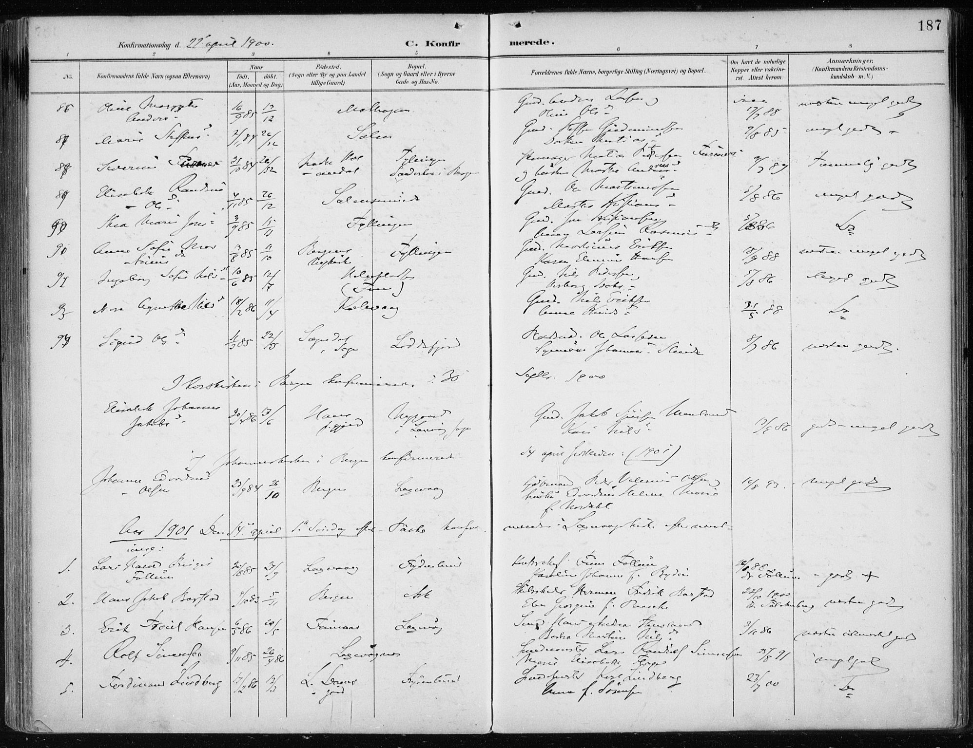 Askøy Sokneprestembete, AV/SAB-A-74101/H/Ha/Haa/Haae/L0003: Parish register (official) no. E 3, 1891-1903, p. 187