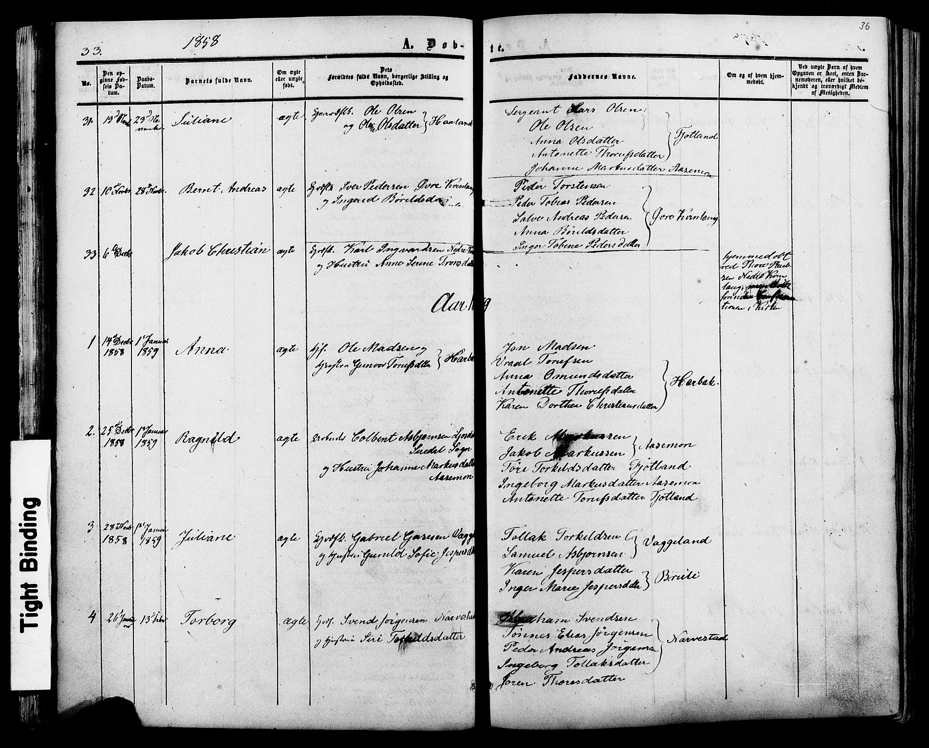 Fjotland sokneprestkontor, SAK/1111-0010/F/Fa/L0001: Parish register (official) no. A 1, 1850-1879, p. 36
