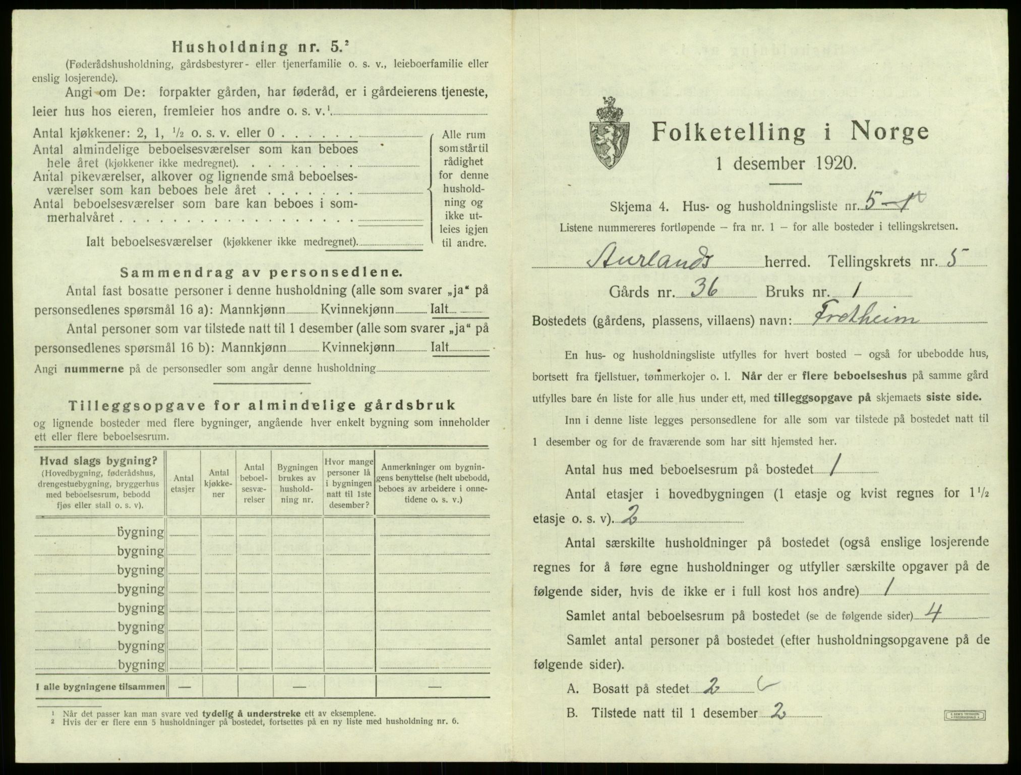 SAB, 1920 census for Aurland, 1920, p. 411