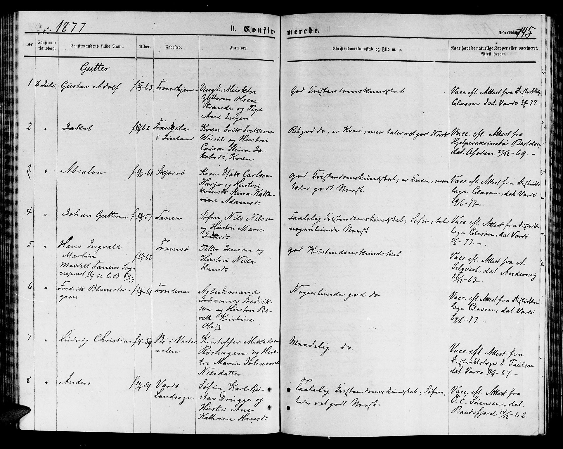 Vardø sokneprestkontor, AV/SATØ-S-1332/H/Hb/L0003klokker: Parish register (copy) no. 3, 1871-1878, p. 145