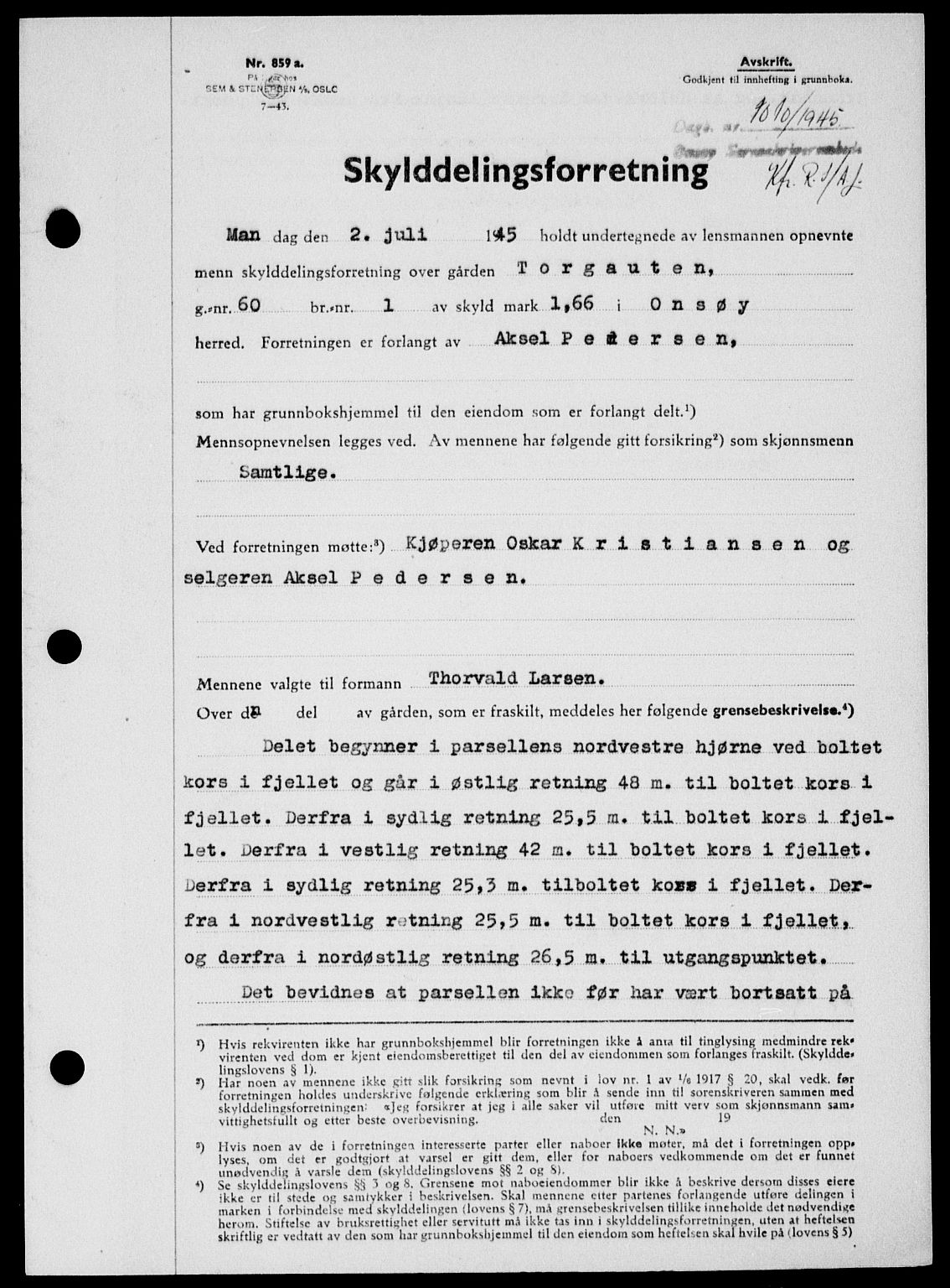 Onsøy sorenskriveri, SAO/A-10474/G/Ga/Gab/L0014: Mortgage book no. II A-14, 1944-1945, Diary no: : 1010/1945