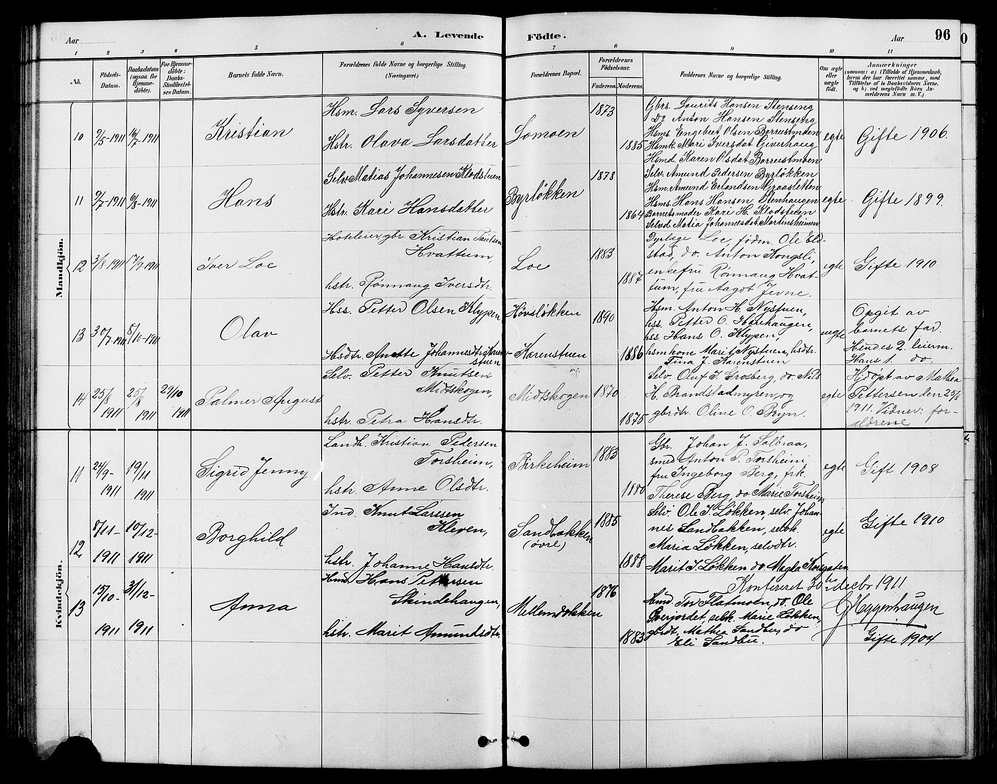 Nord-Fron prestekontor, SAH/PREST-080/H/Ha/Hab/L0004: Parish register (copy) no. 4, 1884-1914, p. 96