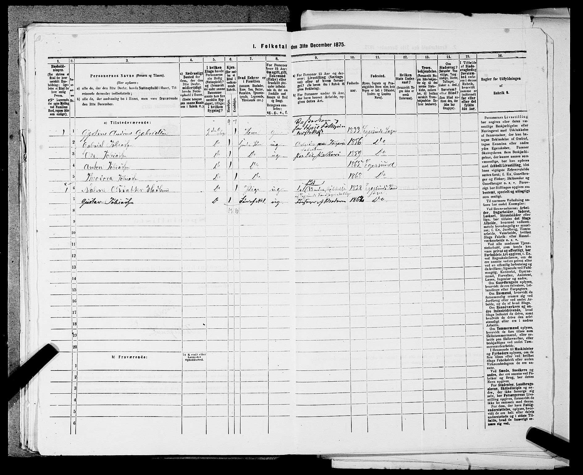 SAST, 1875 census for 1101B Eigersund parish, Egersund town, 1875, p. 195