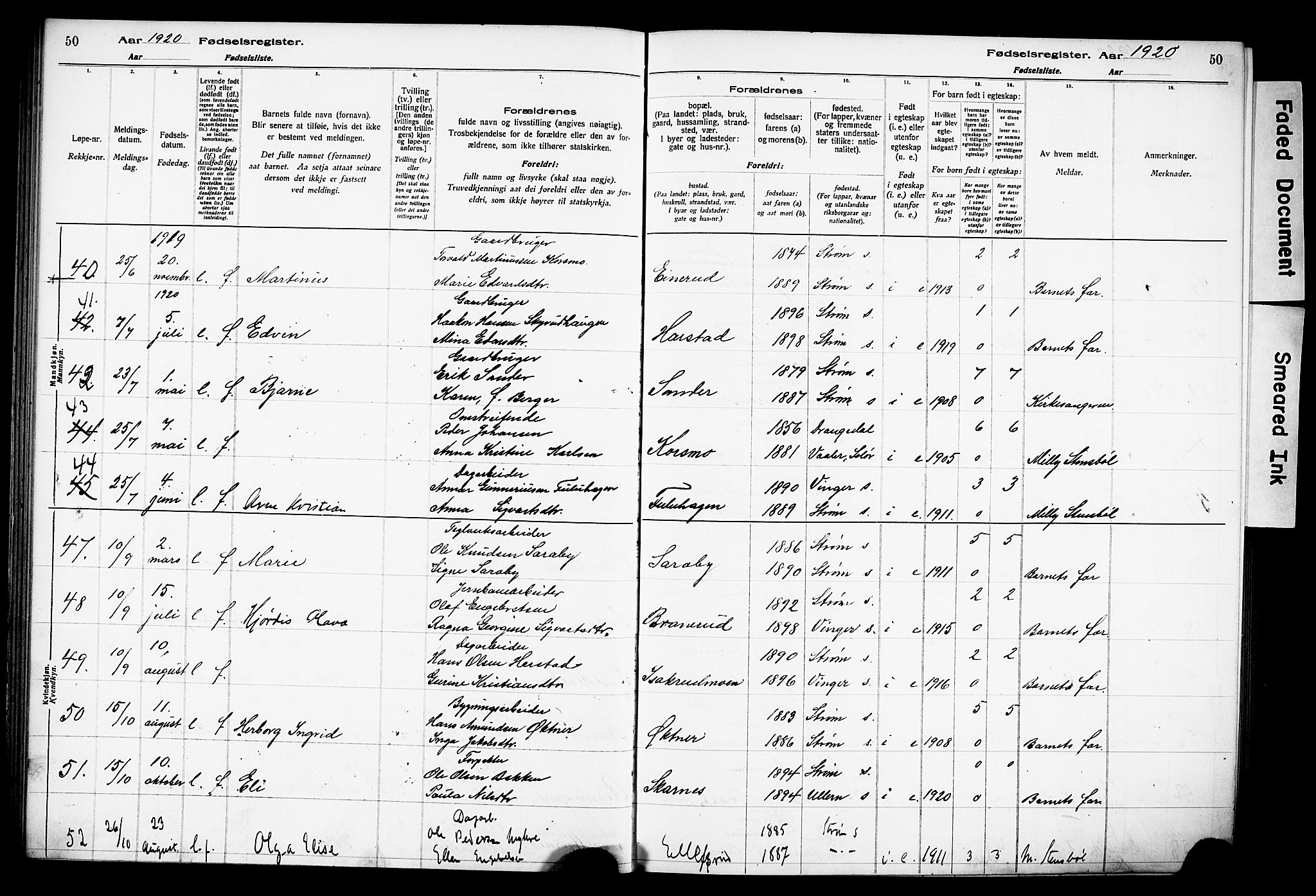 Sør-Odal prestekontor, AV/SAH-PREST-030/I/Id: Birth register no. 1, 1916-1931, p. 50