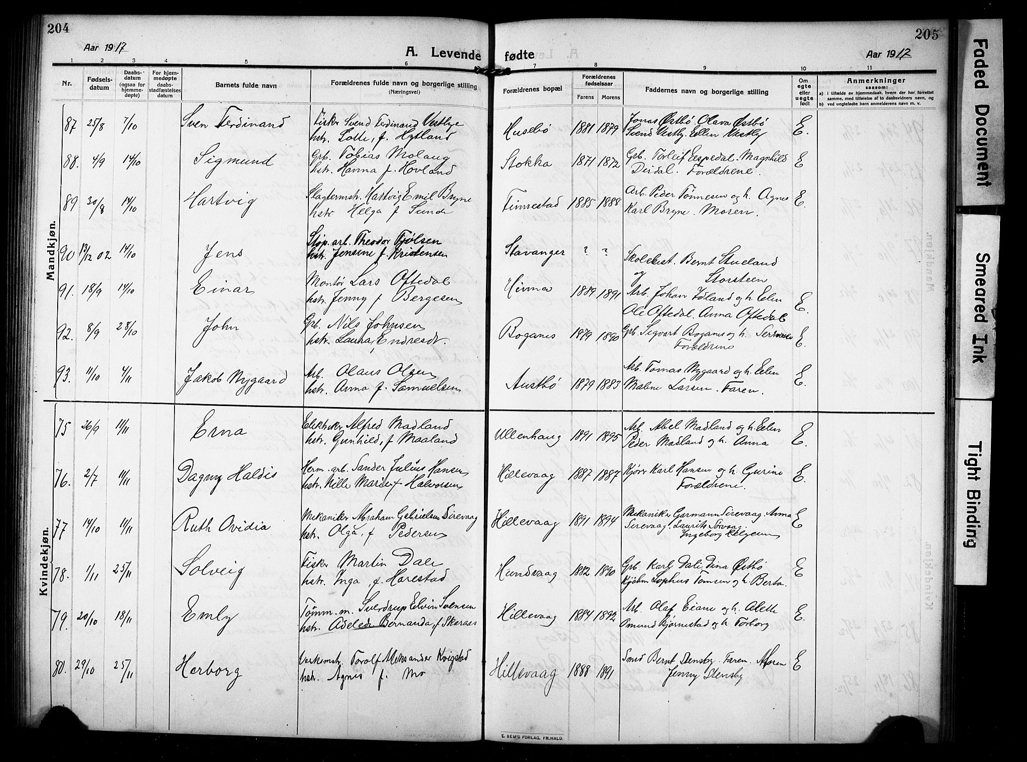 Hetland sokneprestkontor, AV/SAST-A-101826/30/30BB/L0008: Parish register (copy) no. B 8, 1910-1921, p. 204-205