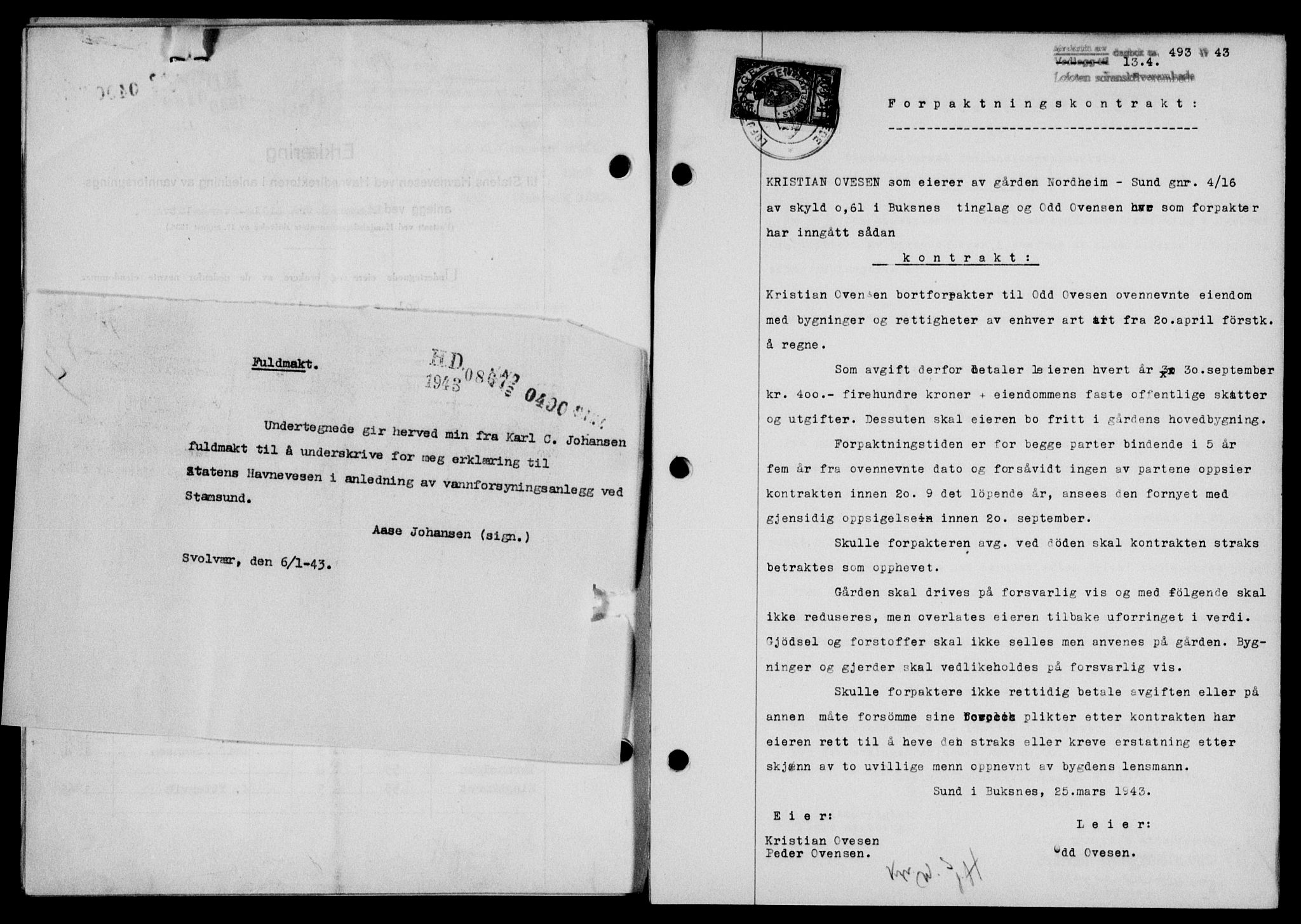 Lofoten sorenskriveri, SAT/A-0017/1/2/2C/L0011a: Mortgage book no. 11a, 1943-1943, Diary no: : 493/1943