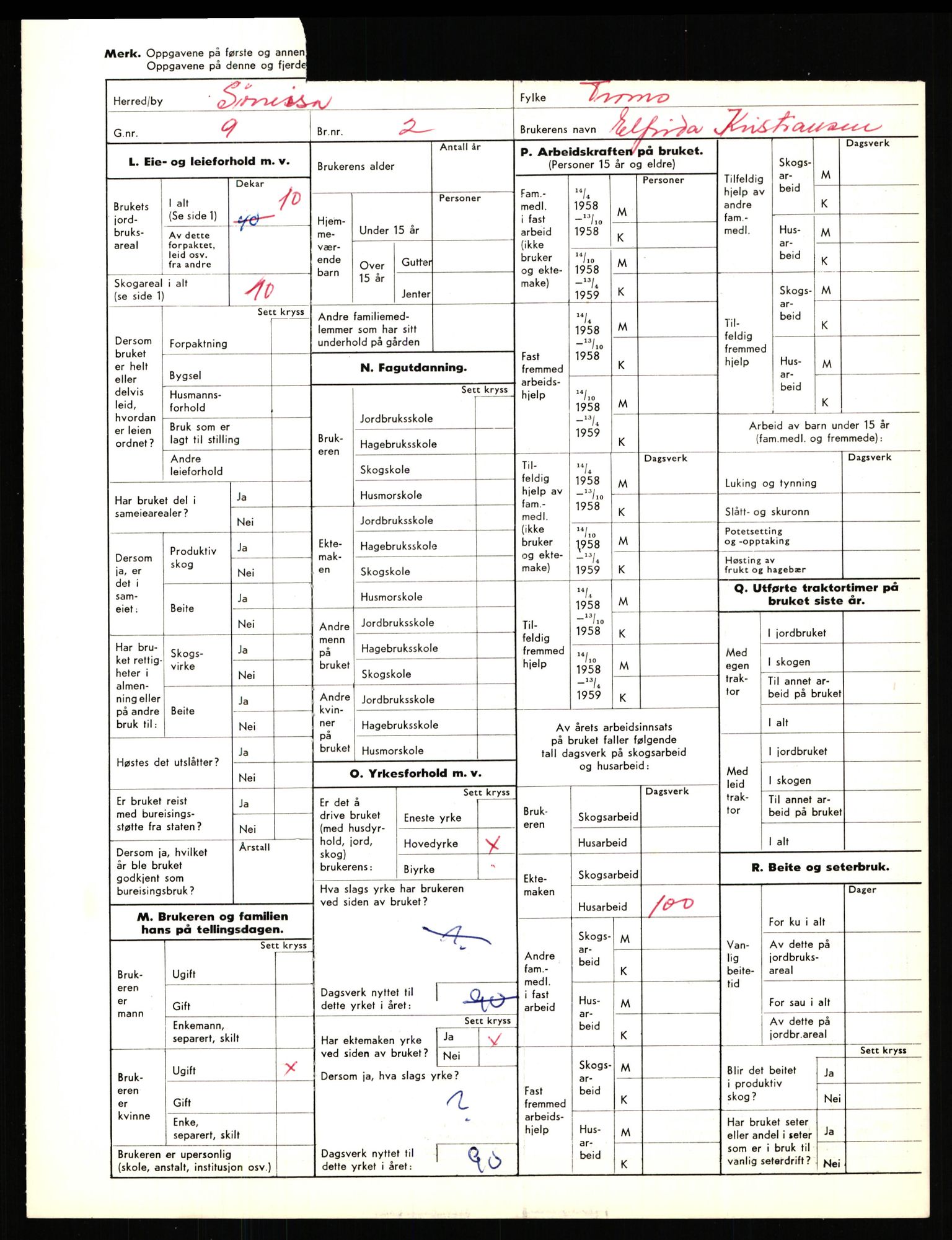 Statistisk sentralbyrå, Næringsøkonomiske emner, Jordbruk, skogbruk, jakt, fiske og fangst, AV/RA-S-2234/G/Gd/L0656: Troms: 1924 Målselv (kl. 0-3) og 1925 Sørreisa, 1959, p. 1367