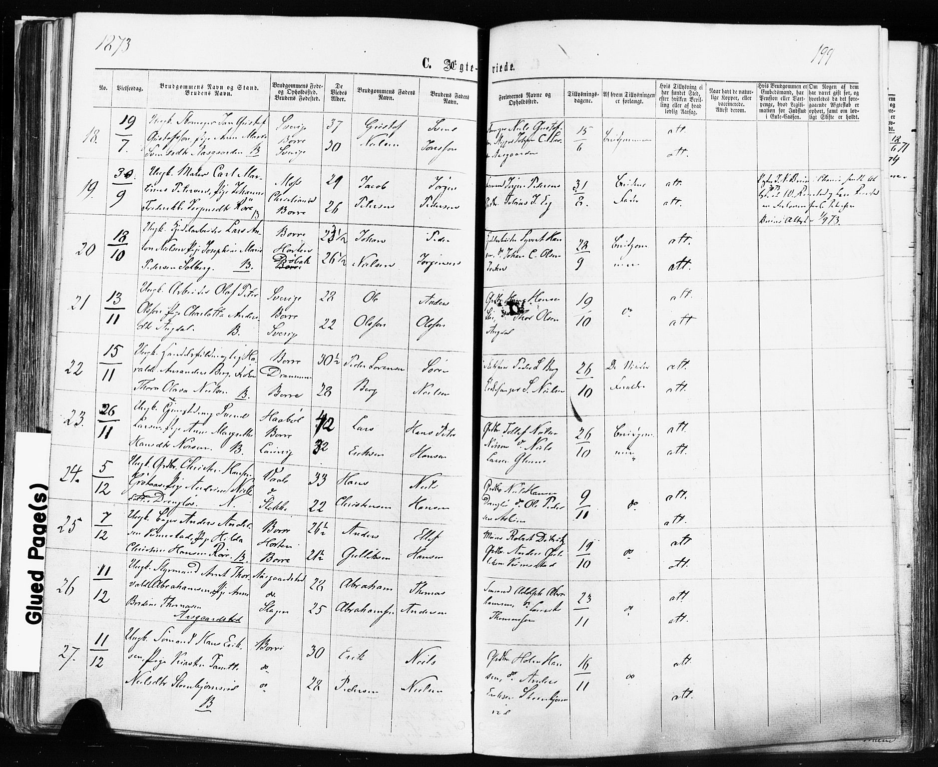 Borre kirkebøker, SAKO/A-338/F/Fa/L0008: Parish register (official) no. I 8, 1868-1877, p. 199