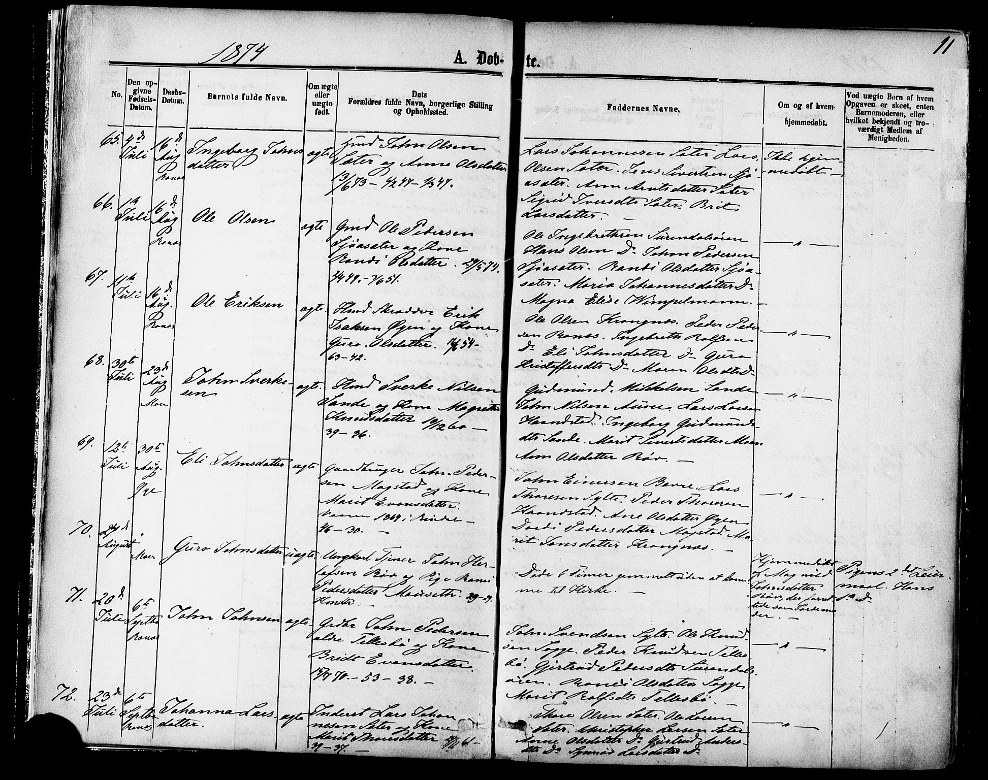 Ministerialprotokoller, klokkerbøker og fødselsregistre - Møre og Romsdal, SAT/A-1454/595/L1046: Parish register (official) no. 595A08, 1874-1884, p. 11