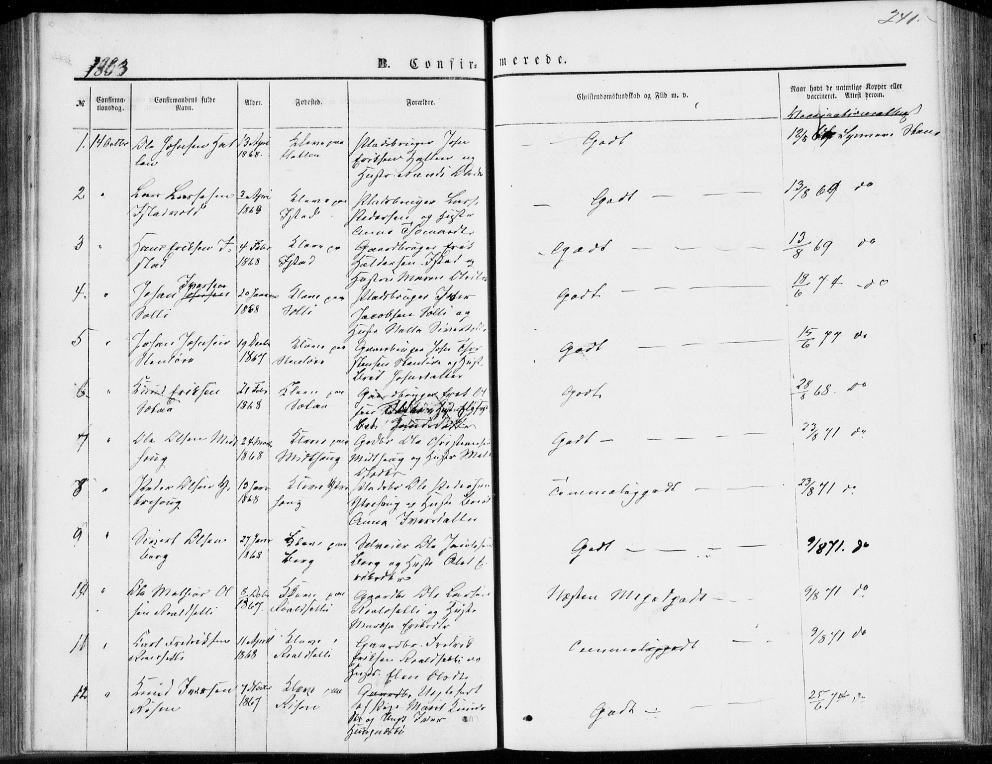 Ministerialprotokoller, klokkerbøker og fødselsregistre - Møre og Romsdal, SAT/A-1454/557/L0681: Parish register (official) no. 557A03, 1869-1886, p. 241