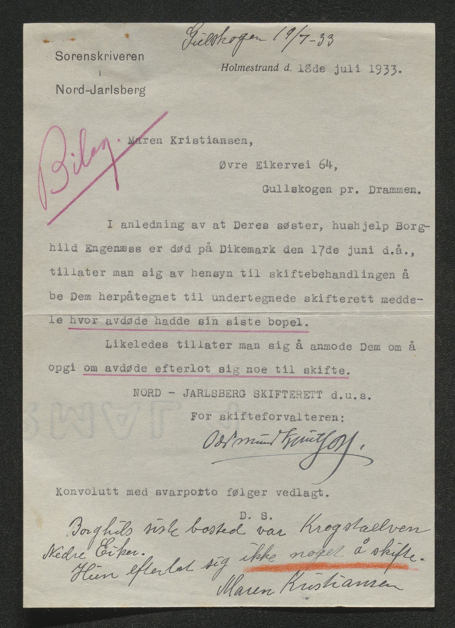 Eiker, Modum og Sigdal sorenskriveri, SAKO/A-123/H/Ha/Hab/L0048: Dødsfallsmeldinger, 1933, p. 470