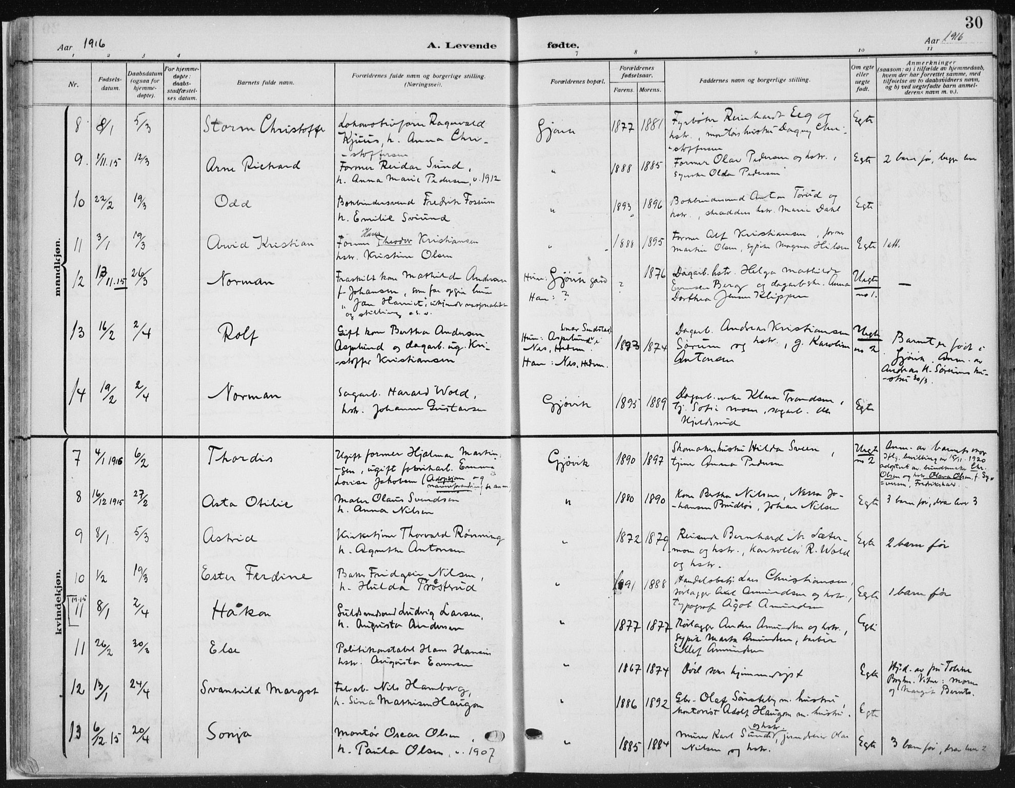 Vardal prestekontor, AV/SAH-PREST-100/H/Ha/Haa/L0014: Parish register (official) no. 14, 1912-1922, p. 30