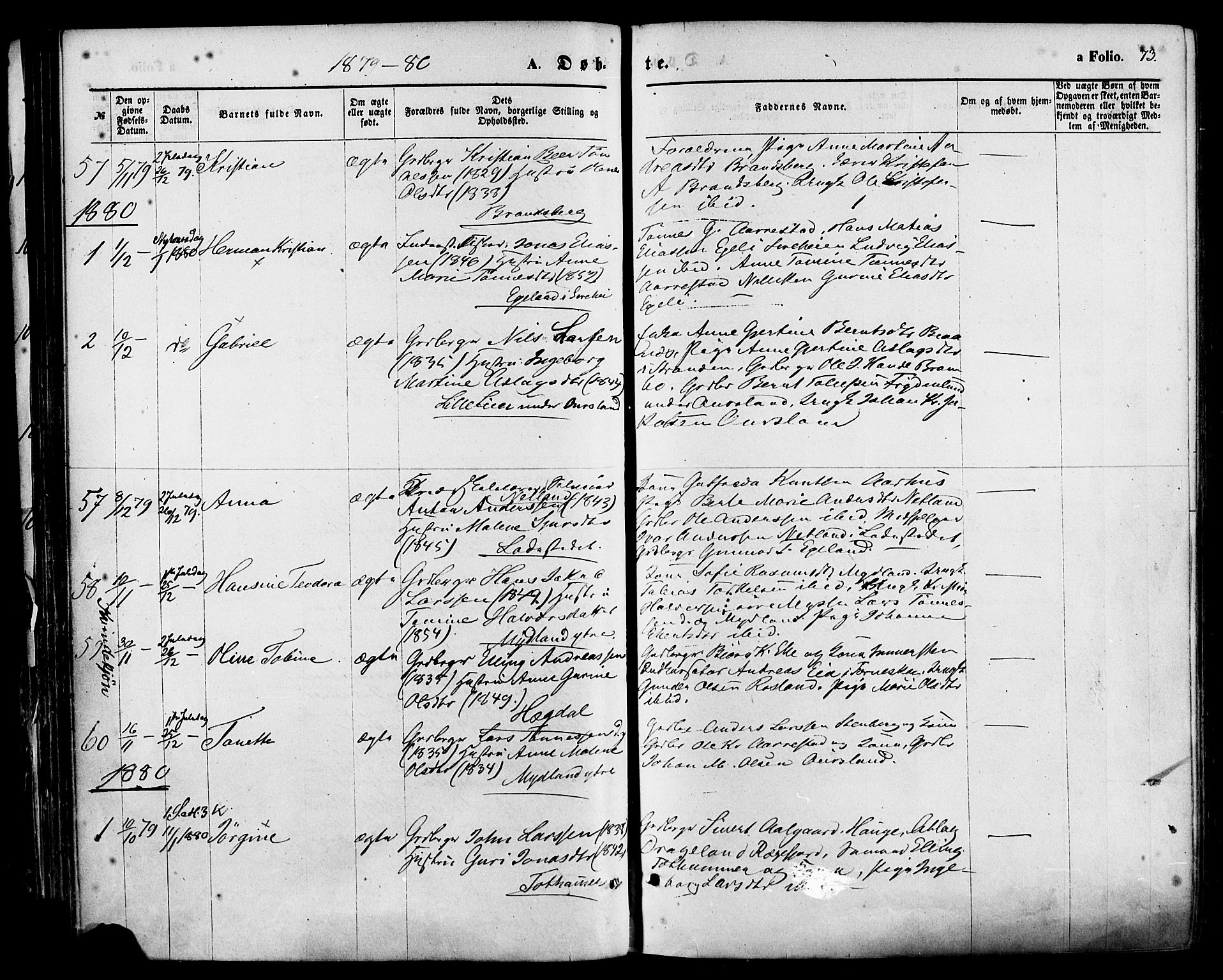 Sokndal sokneprestkontor, AV/SAST-A-101808: Parish register (official) no. A 10, 1874-1886, p. 73