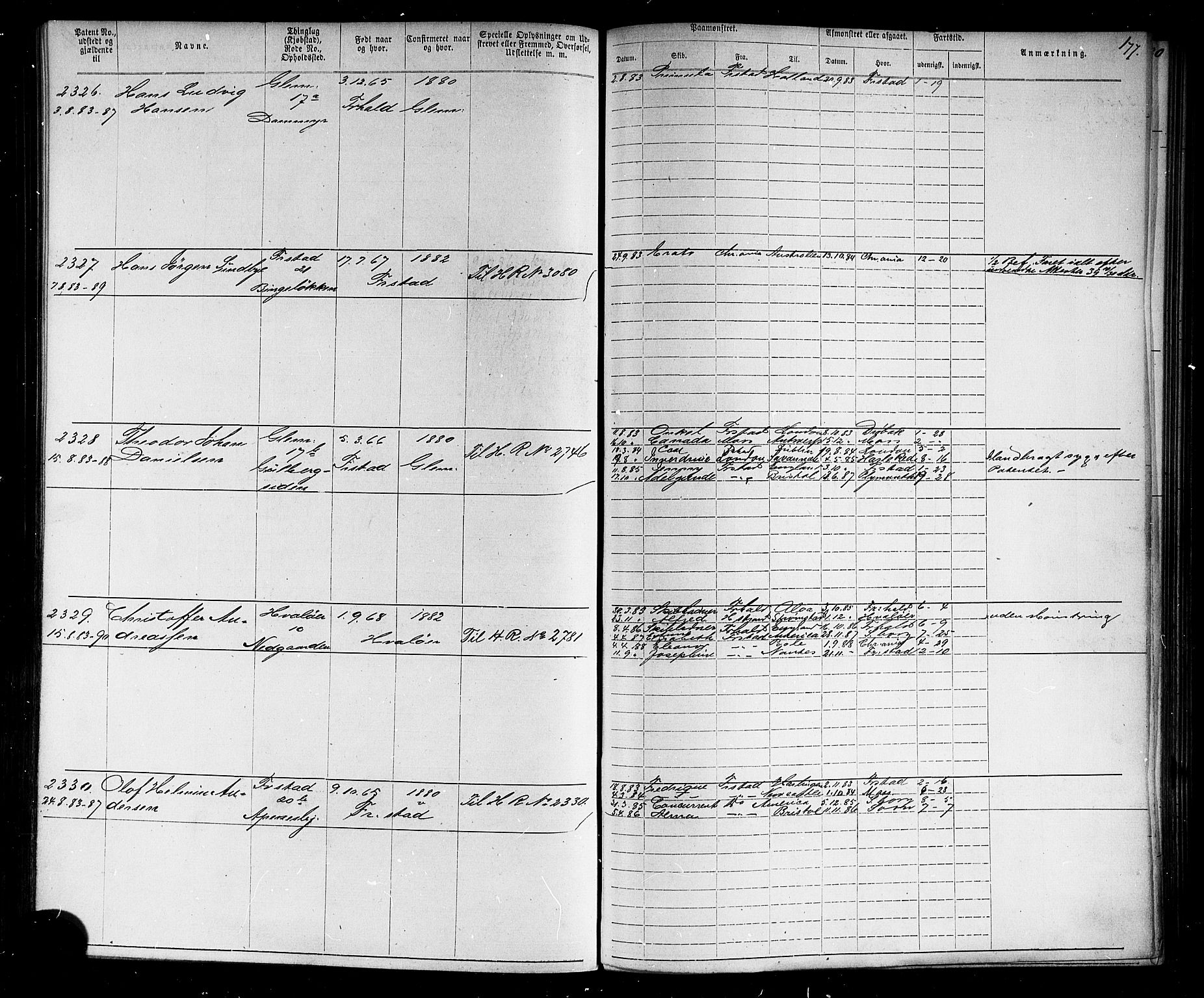 Fredrikstad mønstringskontor, AV/SAO-A-10569b/F/Fc/Fca/L0004: Annotasjonsrulle, 1885-1893, p. 181