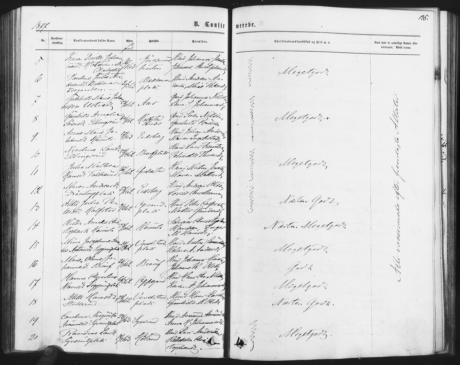 Kråkstad prestekontor Kirkebøker, AV/SAO-A-10125a/F/Fa/L0008: Parish register (official) no. I 8, 1870-1879, p. 135