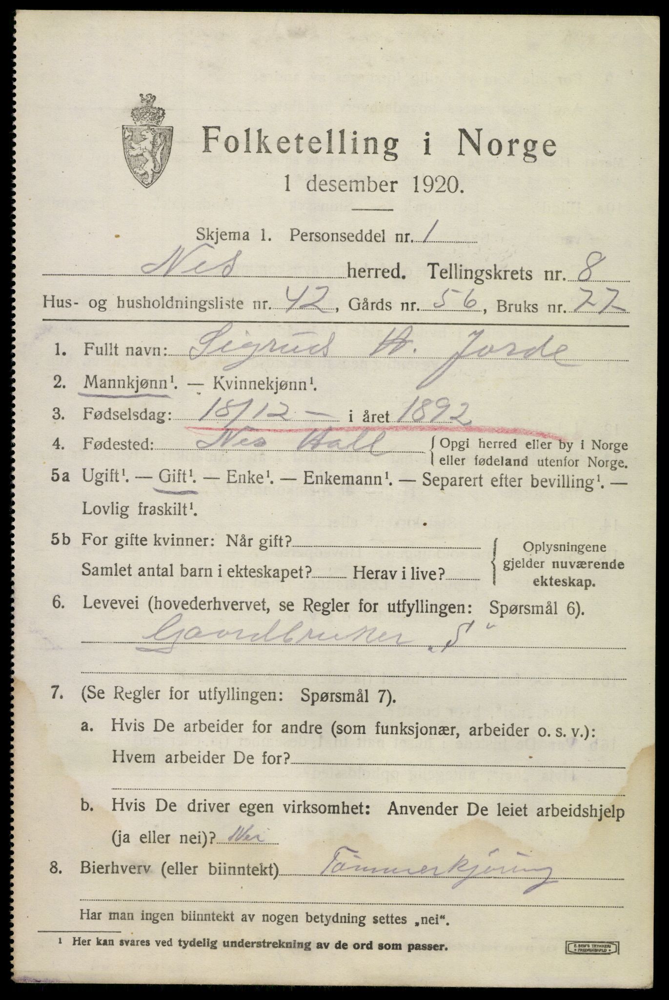 SAKO, 1920 census for Nes (Buskerud), 1920, p. 5510