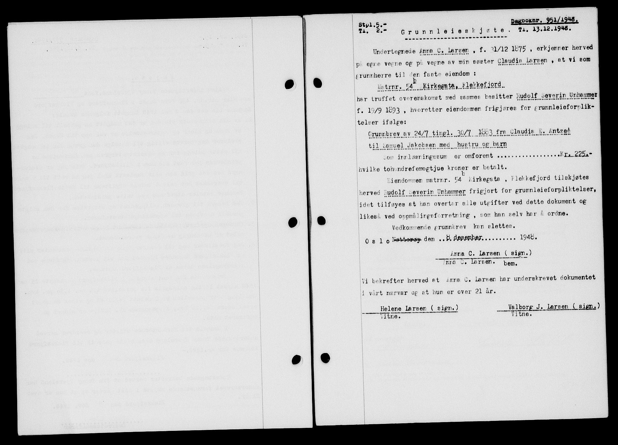 Flekkefjord sorenskriveri, SAK/1221-0001/G/Gb/Gba/L0064: Mortgage book no. A-12, 1948-1949, Diary no: : 951/1948