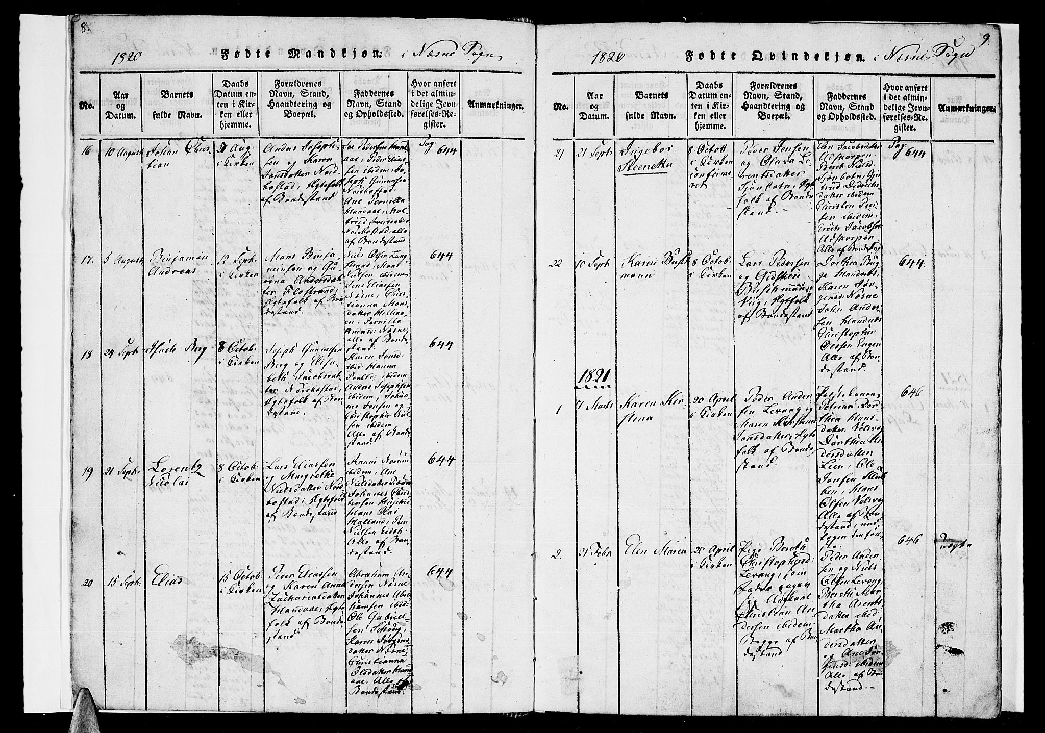 Ministerialprotokoller, klokkerbøker og fødselsregistre - Nordland, AV/SAT-A-1459/838/L0546: Parish register (official) no. 838A05 /1, 1820-1828, p. 8-9