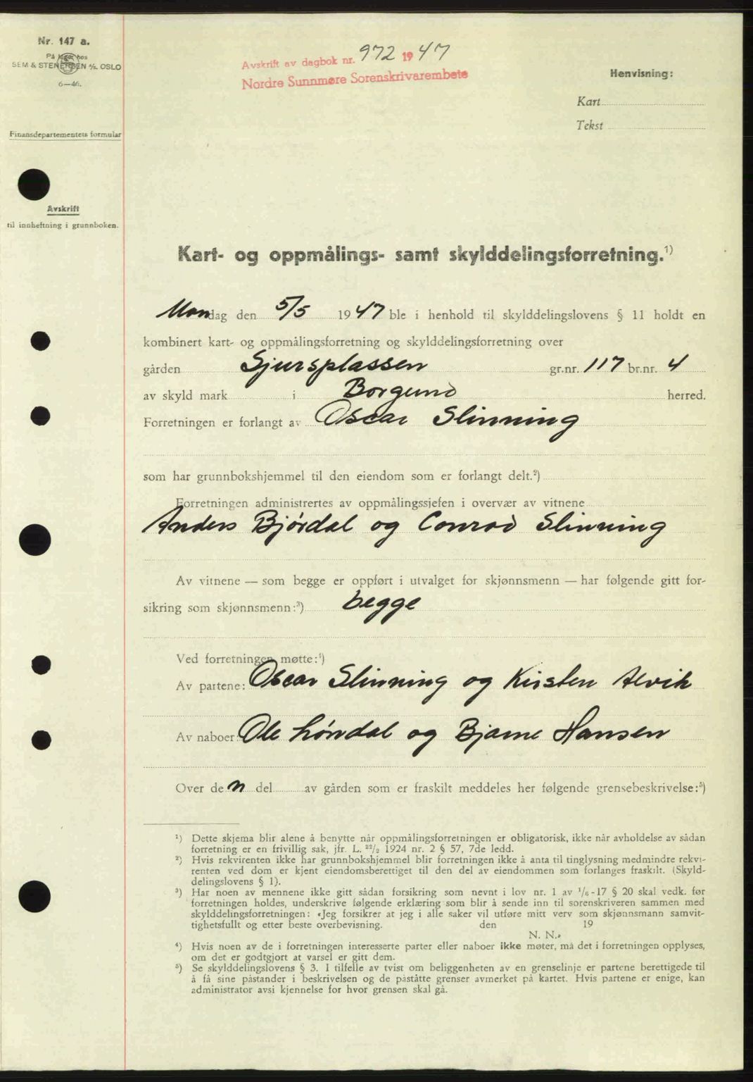 Nordre Sunnmøre sorenskriveri, AV/SAT-A-0006/1/2/2C/2Ca: Mortgage book no. A24, 1947-1947, Diary no: : 972/1947