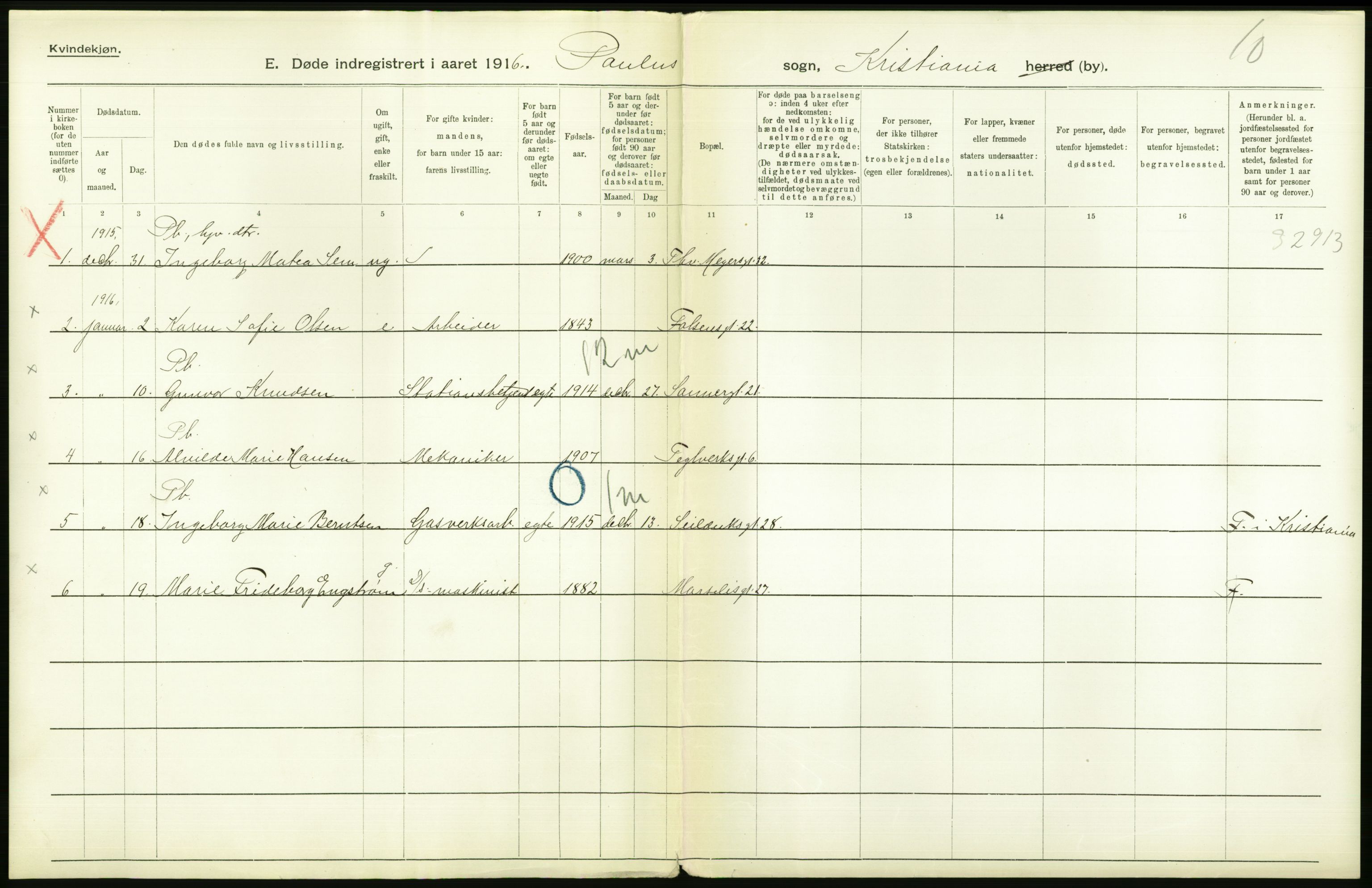 Statistisk sentralbyrå, Sosiodemografiske emner, Befolkning, AV/RA-S-2228/D/Df/Dfb/Dfbf/L0009: Kristiania: Døde., 1916, p. 2