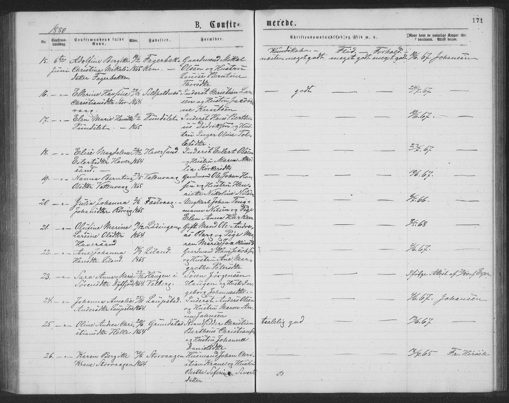 Ministerialprotokoller, klokkerbøker og fødselsregistre - Nordland, AV/SAT-A-1459/874/L1075: Parish register (copy) no. 874C04, 1876-1883, p. 171