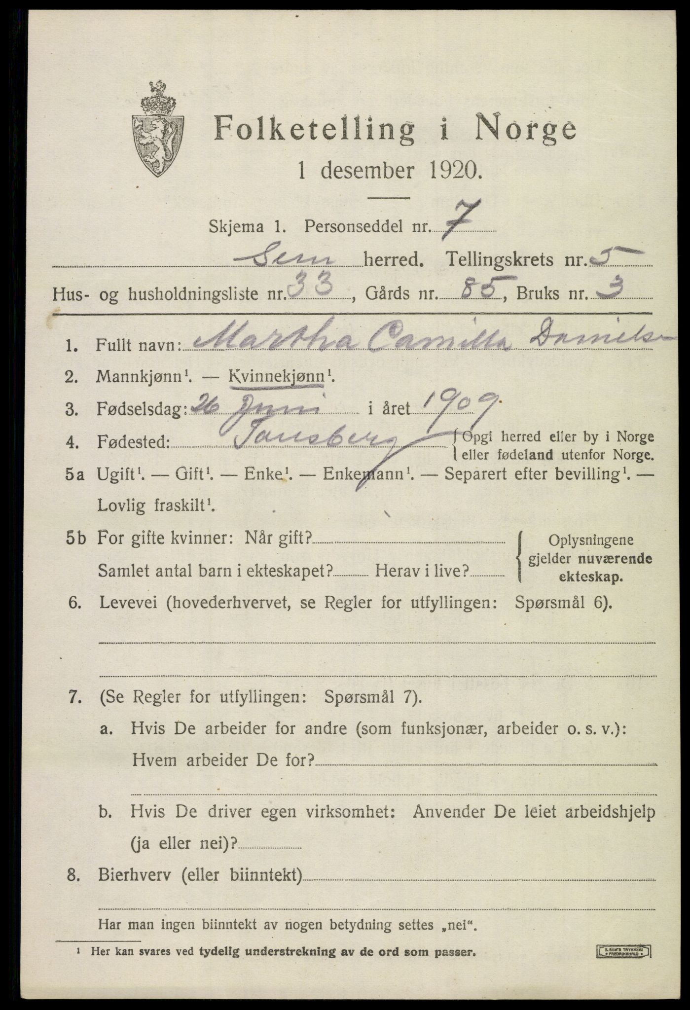 SAKO, 1920 census for Sem, 1920, p. 8167
