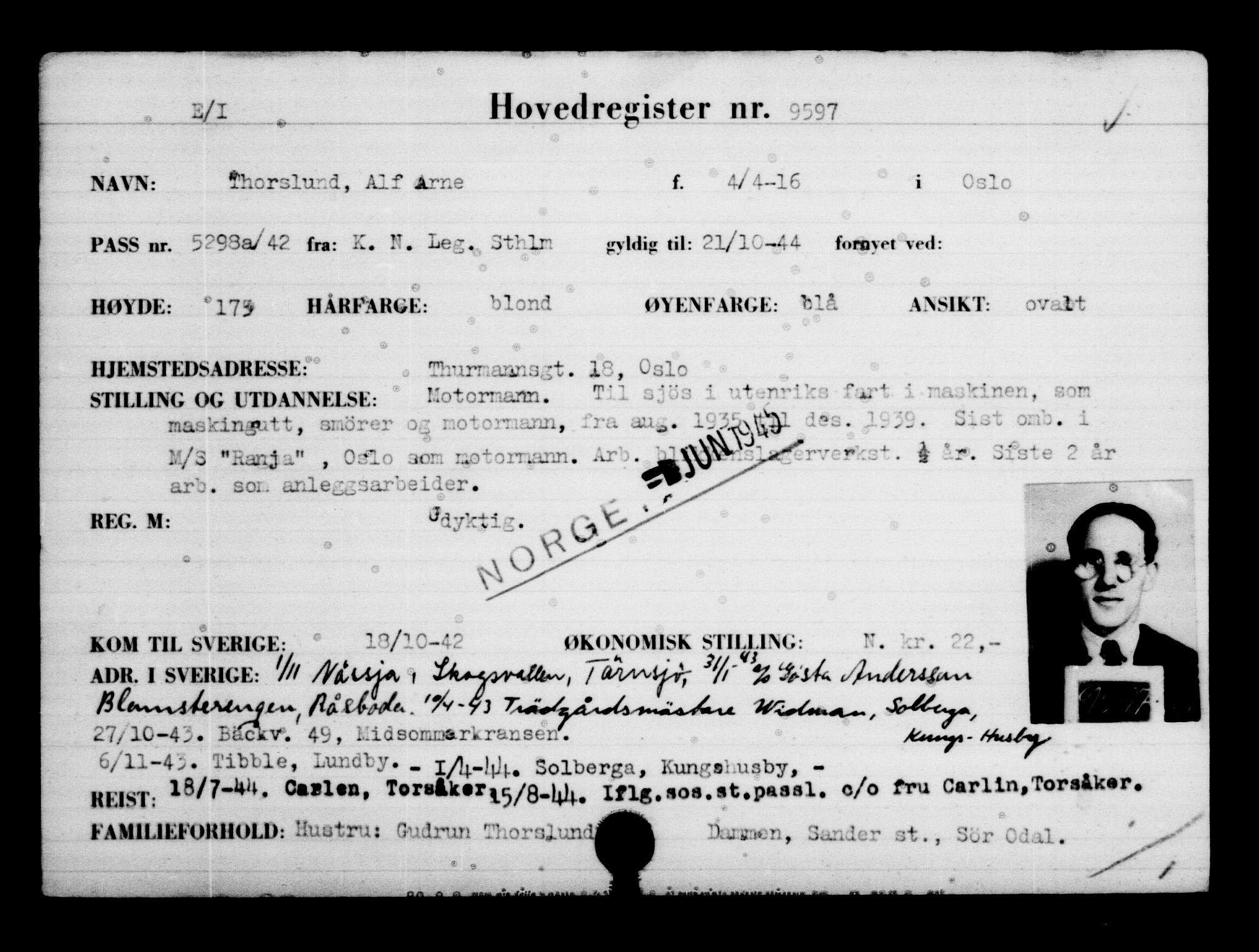 Utenriksstasjonene, Legasjonen i Stockholm, Flyktningkontoret, AV/RA-S-6753/V/Va/L0006: Kjesäterkartoteket, flyktninger med registreringsnr. 9400-12711, 1940-1945, p. 219