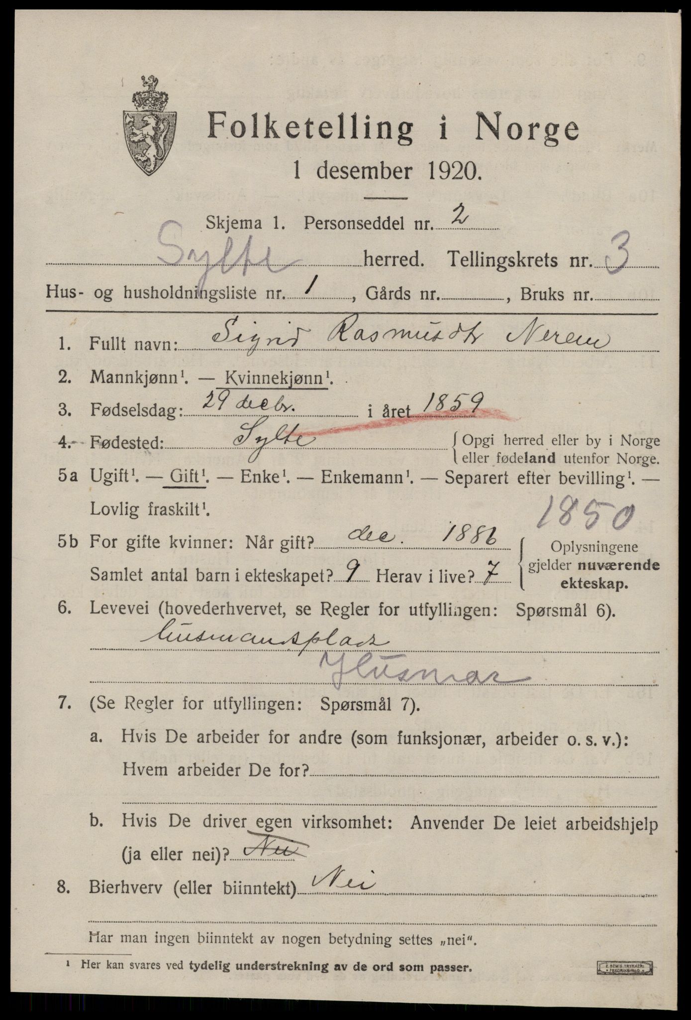 SAT, 1920 census for Sylte, 1920, p. 1783