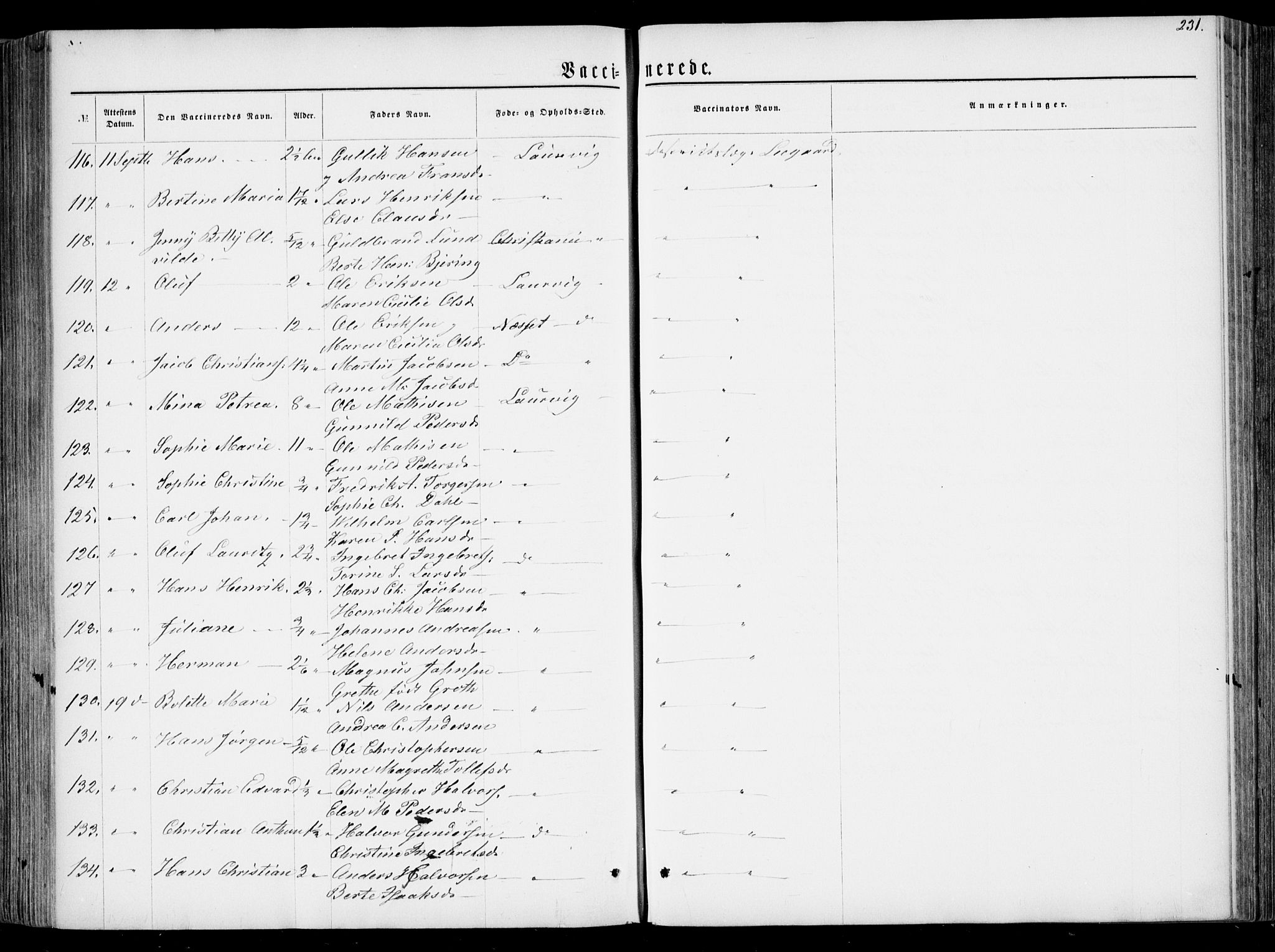 Larvik kirkebøker, AV/SAKO-A-352/F/Fa/L0005: Parish register (official) no. I 5, 1856-1870, p. 231