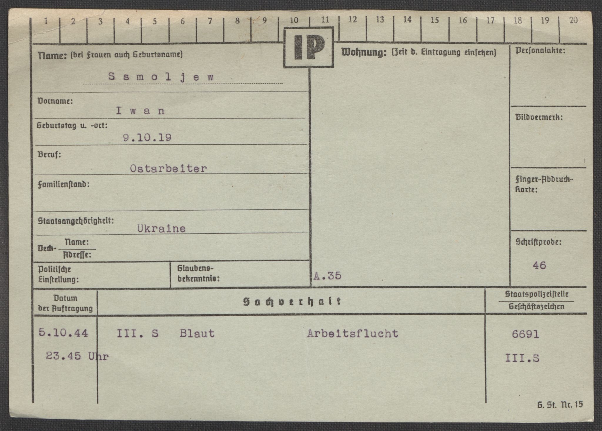 Befehlshaber der Sicherheitspolizei und des SD, RA/RAFA-5969/E/Ea/Eaa/L0009: Register over norske fanger i Møllergata 19: Ru-Sy, 1940-1945, p. 1098